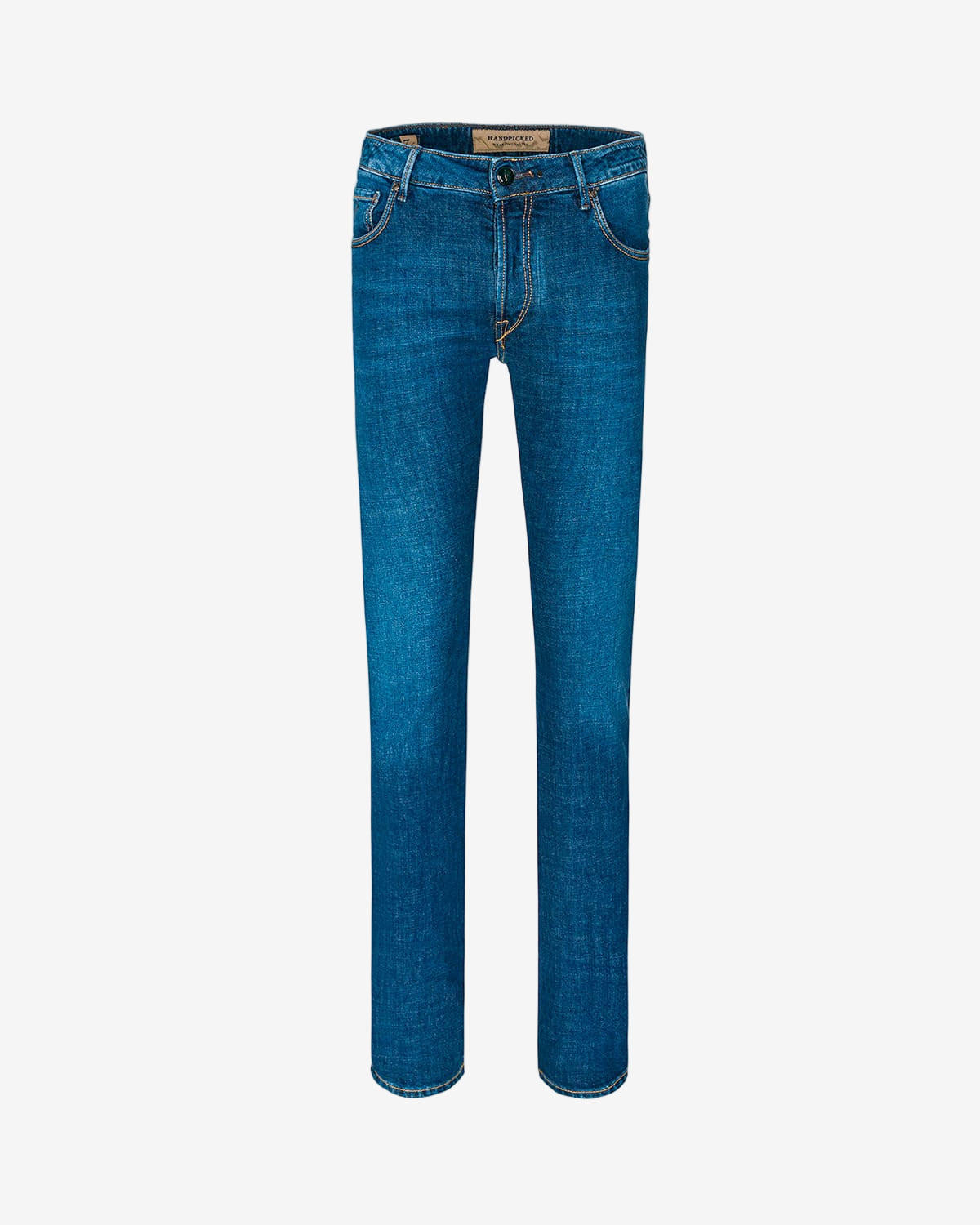 Handpicked blue stonewashed denim pants military patch.