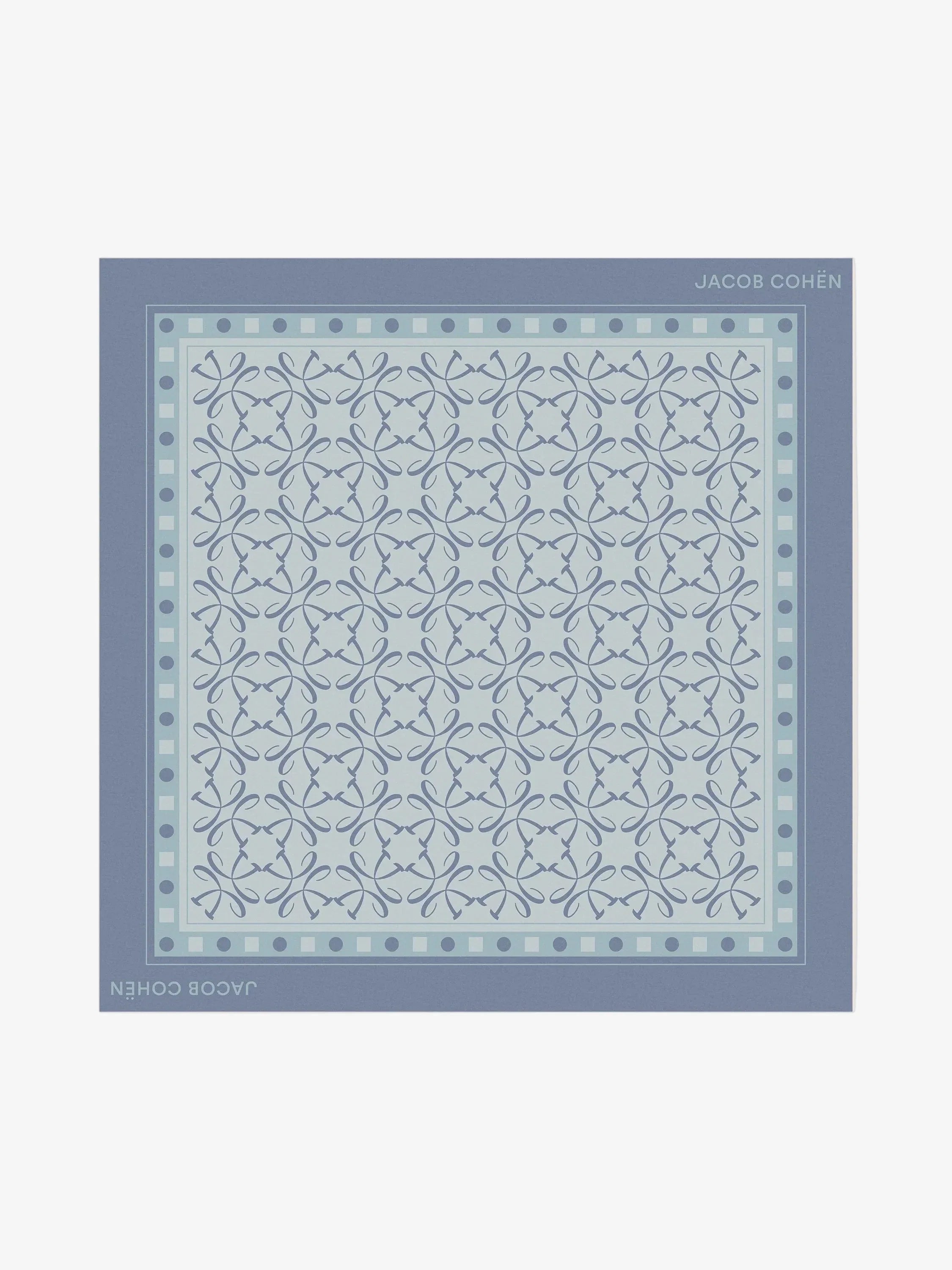 Blue patterned scarf with brand name on a light gray background