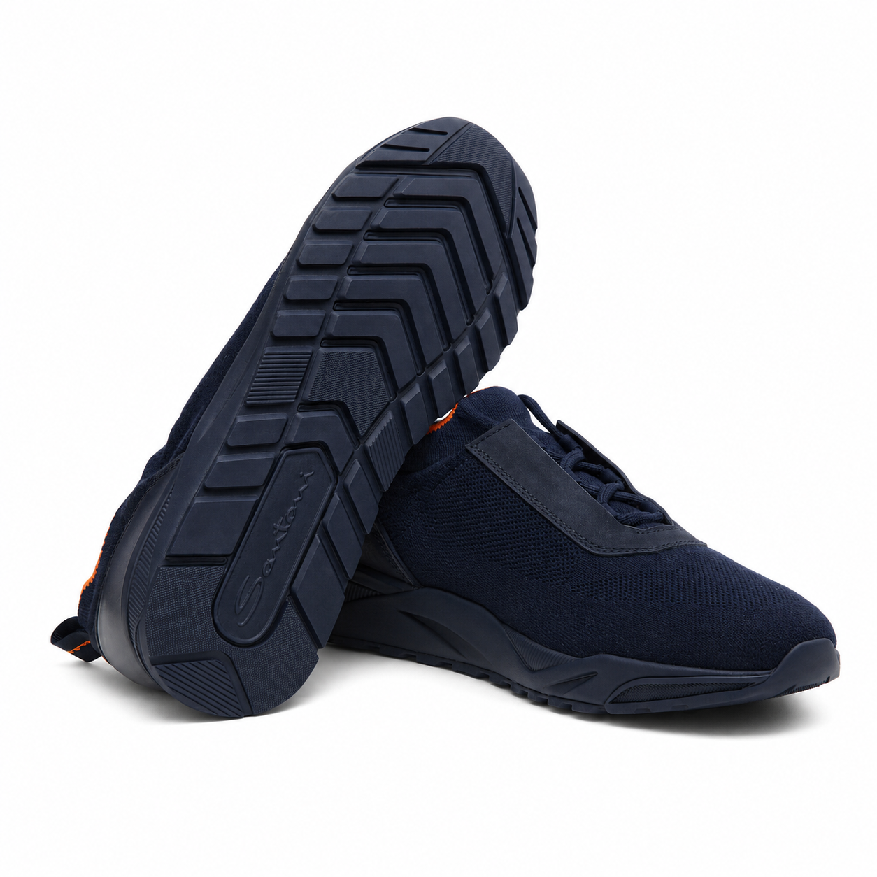 Dark Blue Stretch Knit and Leather Sneakers