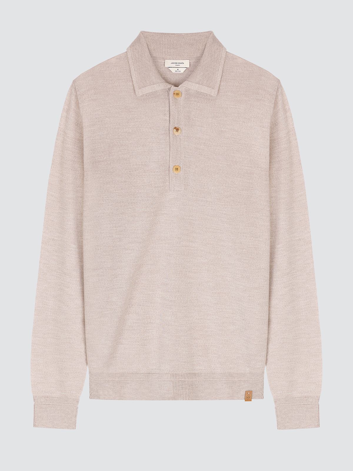 Light greige melange wool and silk long-sleeve polo laid flat, front view
