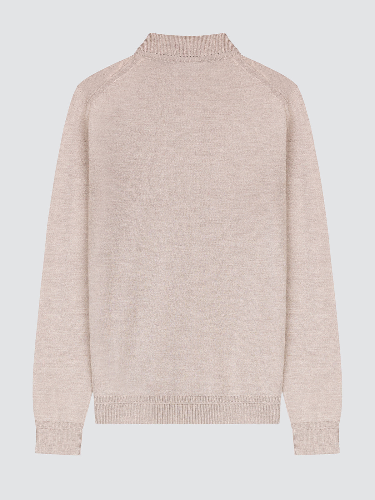 Back view of the light greige wool and silk long-sleeve polo