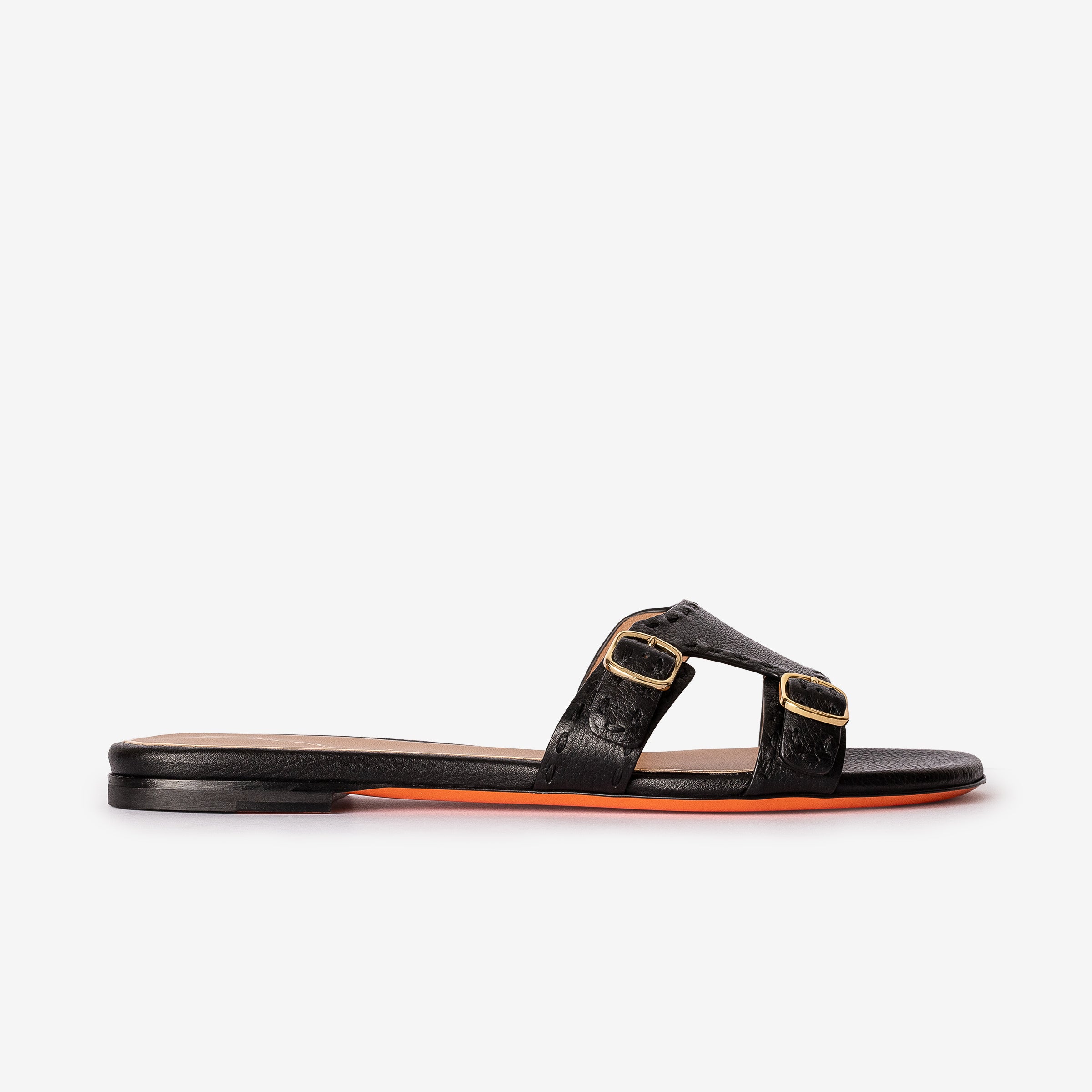 Black Leather Double-Buckle Didi Slide Sandal