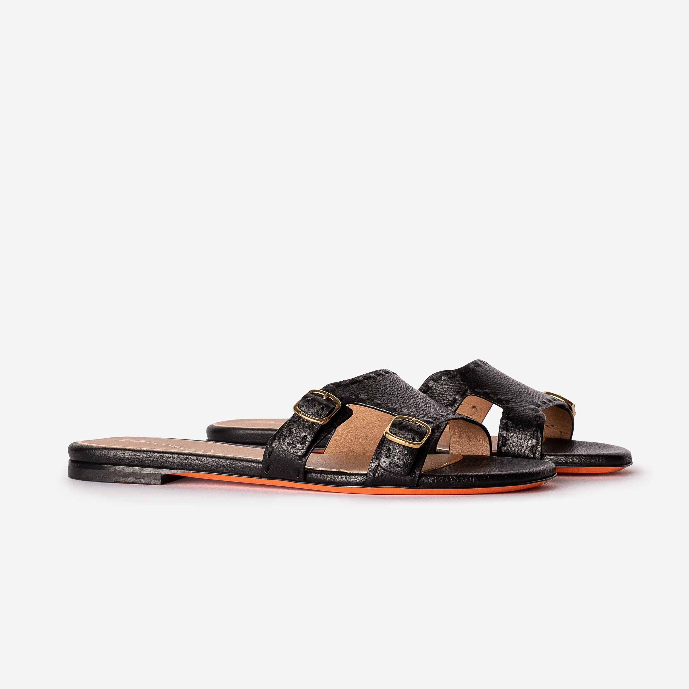 Black Leather Double-Buckle Didi Slide Sandal