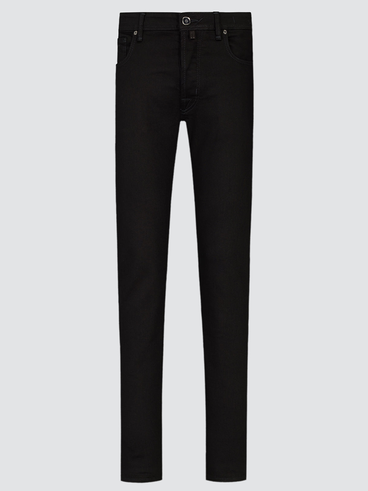 Full-length front view of black Bard jeans laid flat, with a regular-slim cut and tapered leg.
