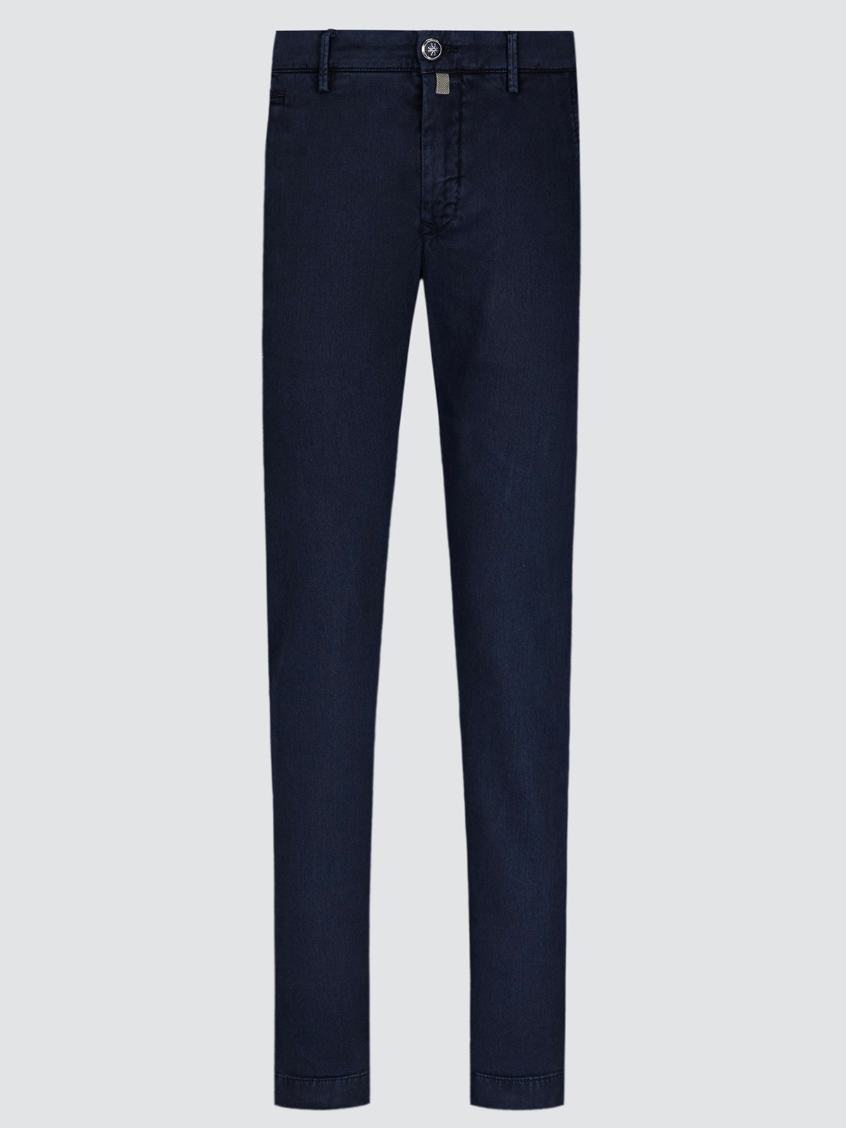A pair of dark navy blue slim-fit jeans shown flat against a light gray background.