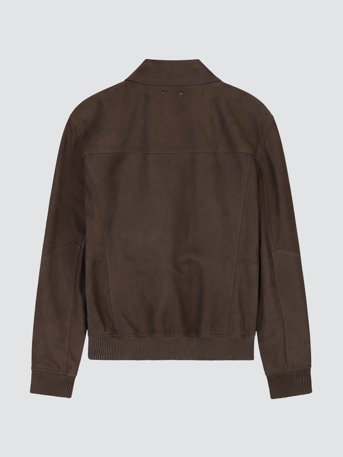 Dark brown nubuck aviator jacket laid flat, front view with zip fastening