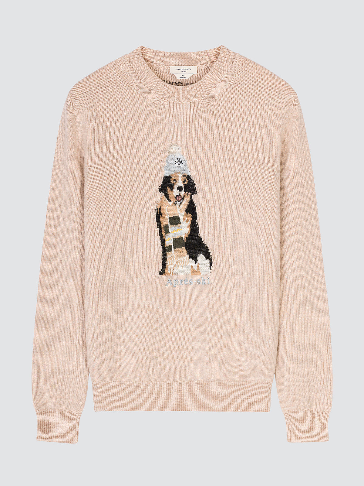 A light beige crewneck sweater featuring a central graphic of a Bernese mountain dog wearing a white knit hat and striped scarf, with the text 'Apres Ski' below it, displayed on a neutral light gray background.