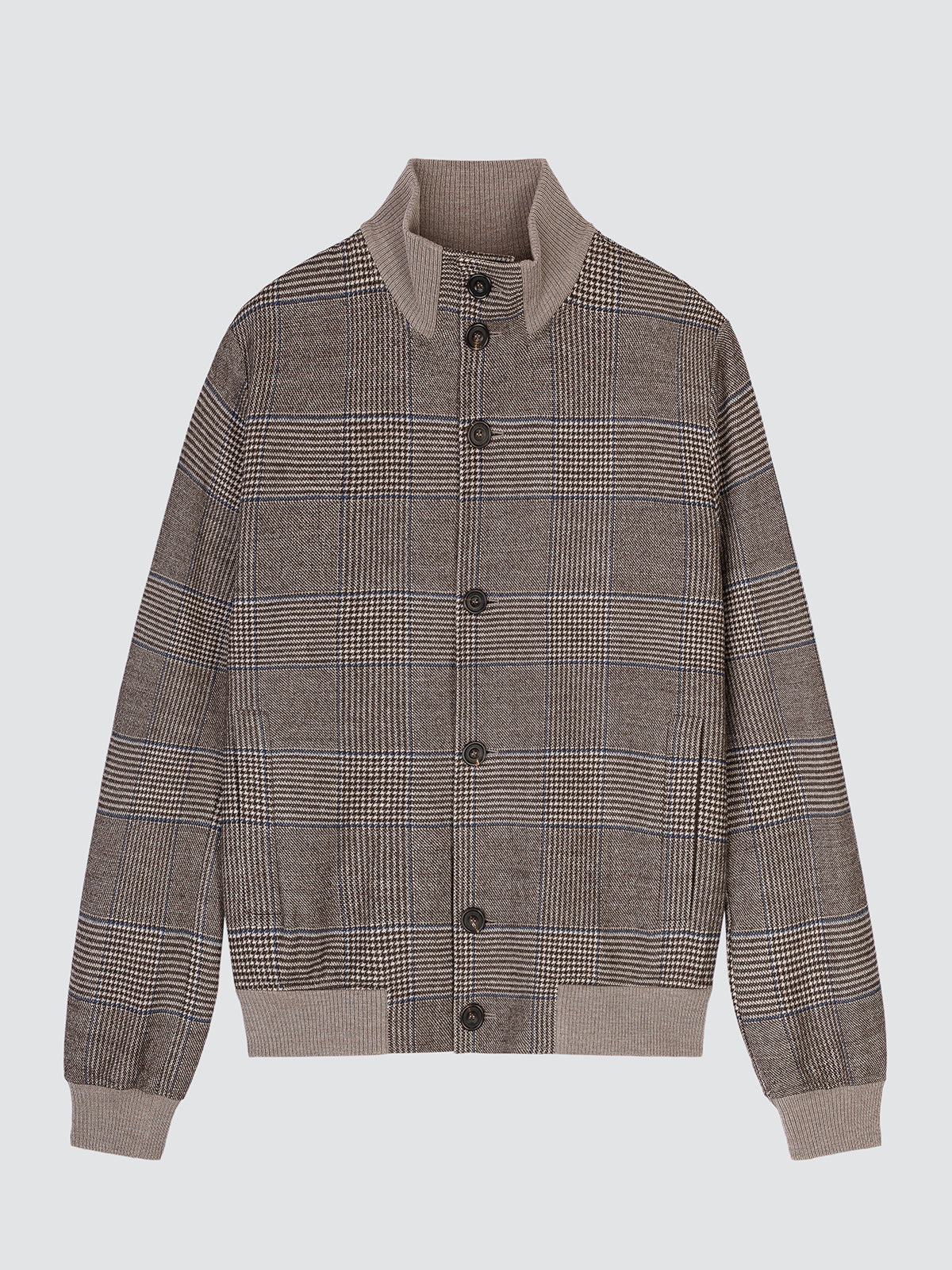Full front view of the Prince of Wales check bomber jacket laid flat, buttoned, with ribbed collar, cuffs and hem.