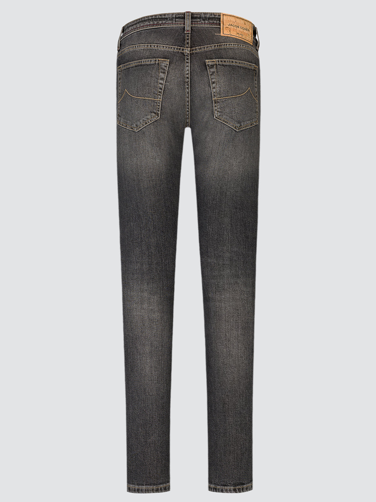 Back view of the grey Nick jeans showing the back pockets and cork patch
