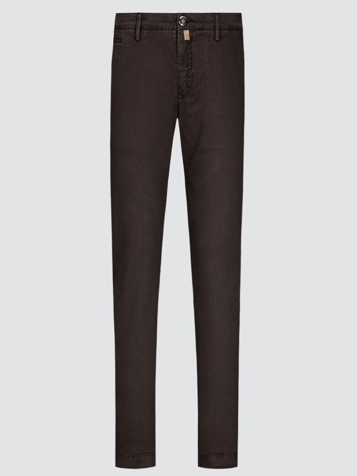 Dark brown slim-fit pants chino shown flat against a light gray background.
