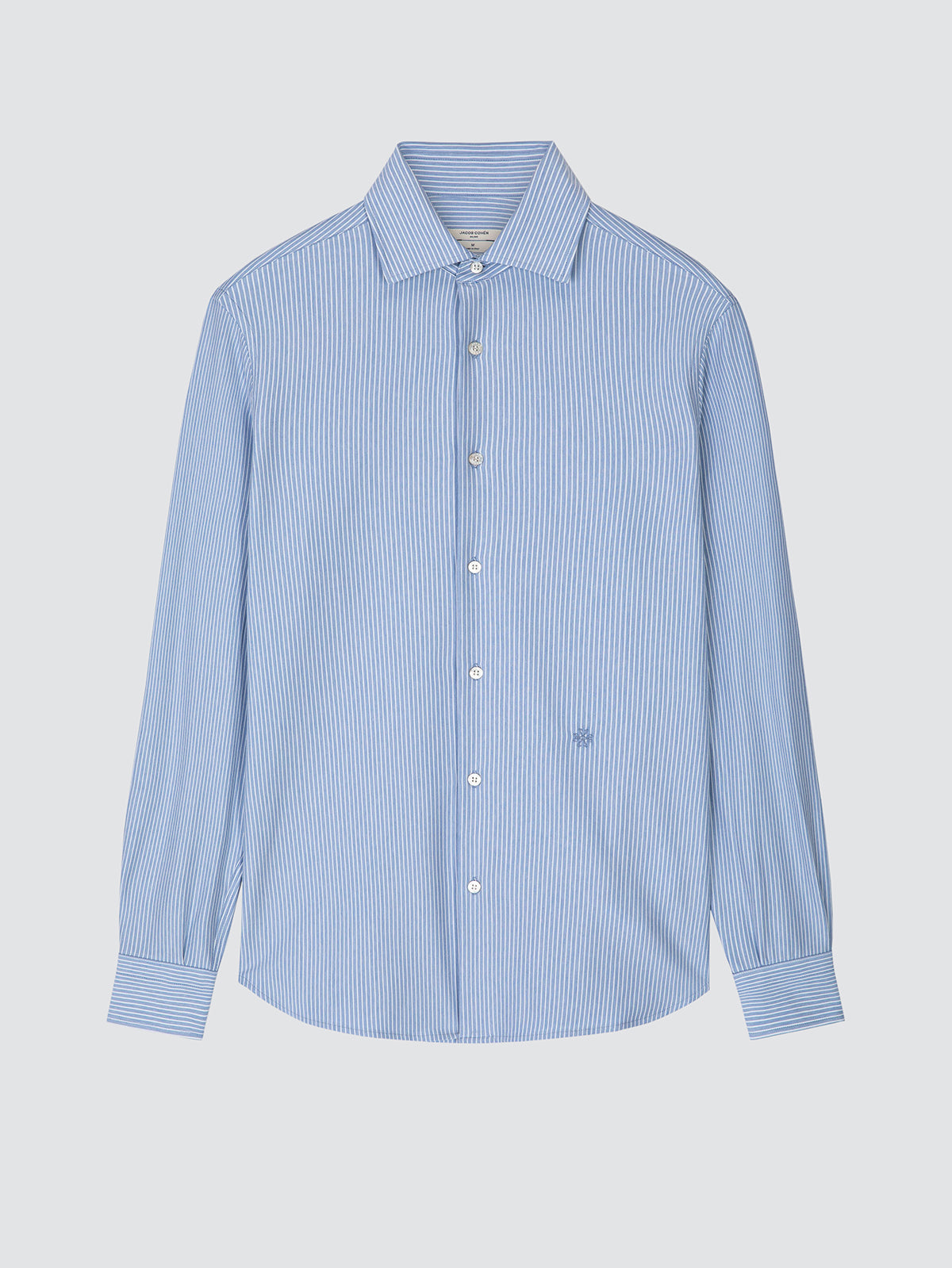 A light blue and white vertically striped long-sleeve button-down shirt with a classic collar, displayed on a neutral light gray background.