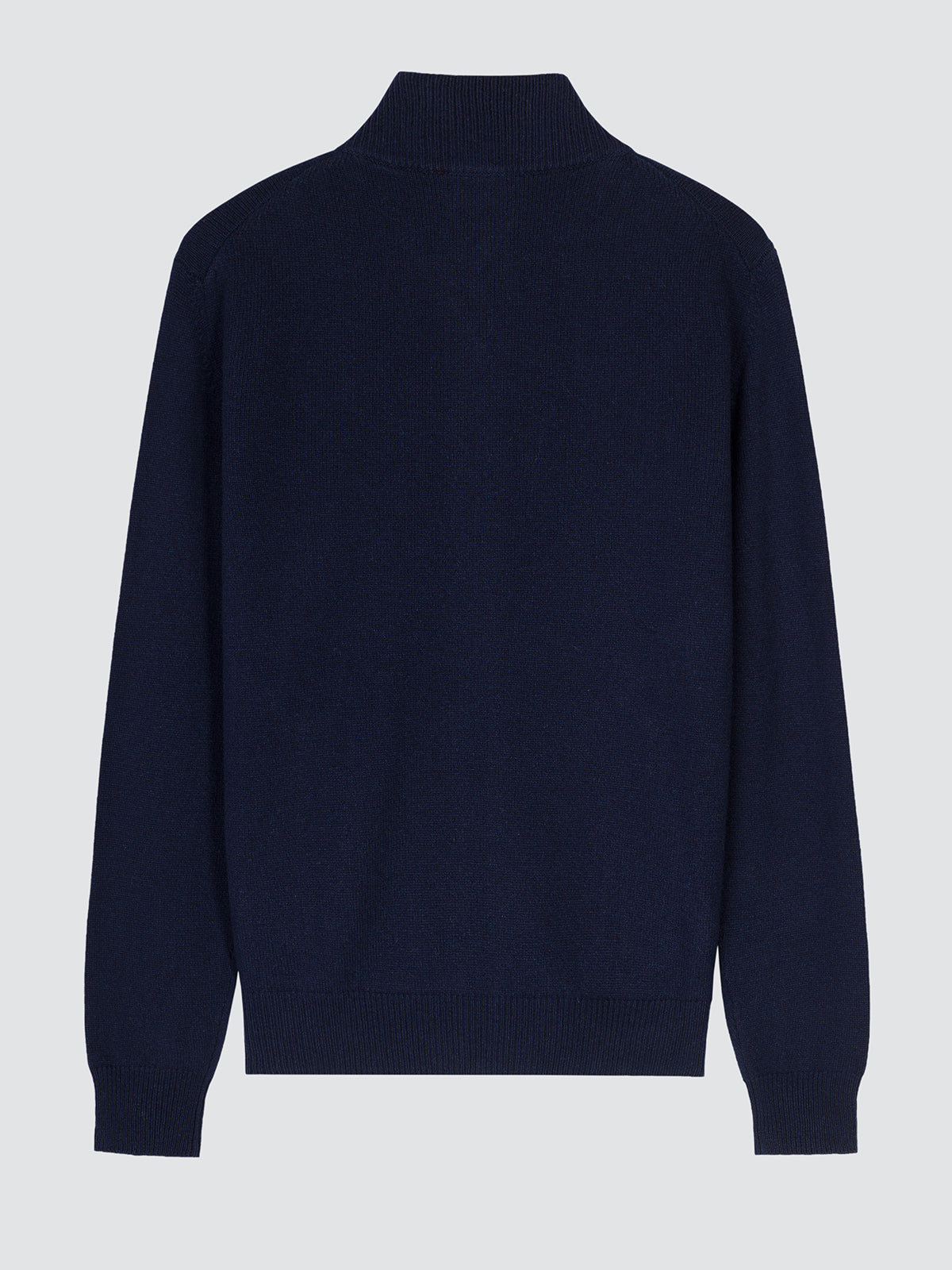 Navy blue wool and cashmere zip cardigan laid flat, front view