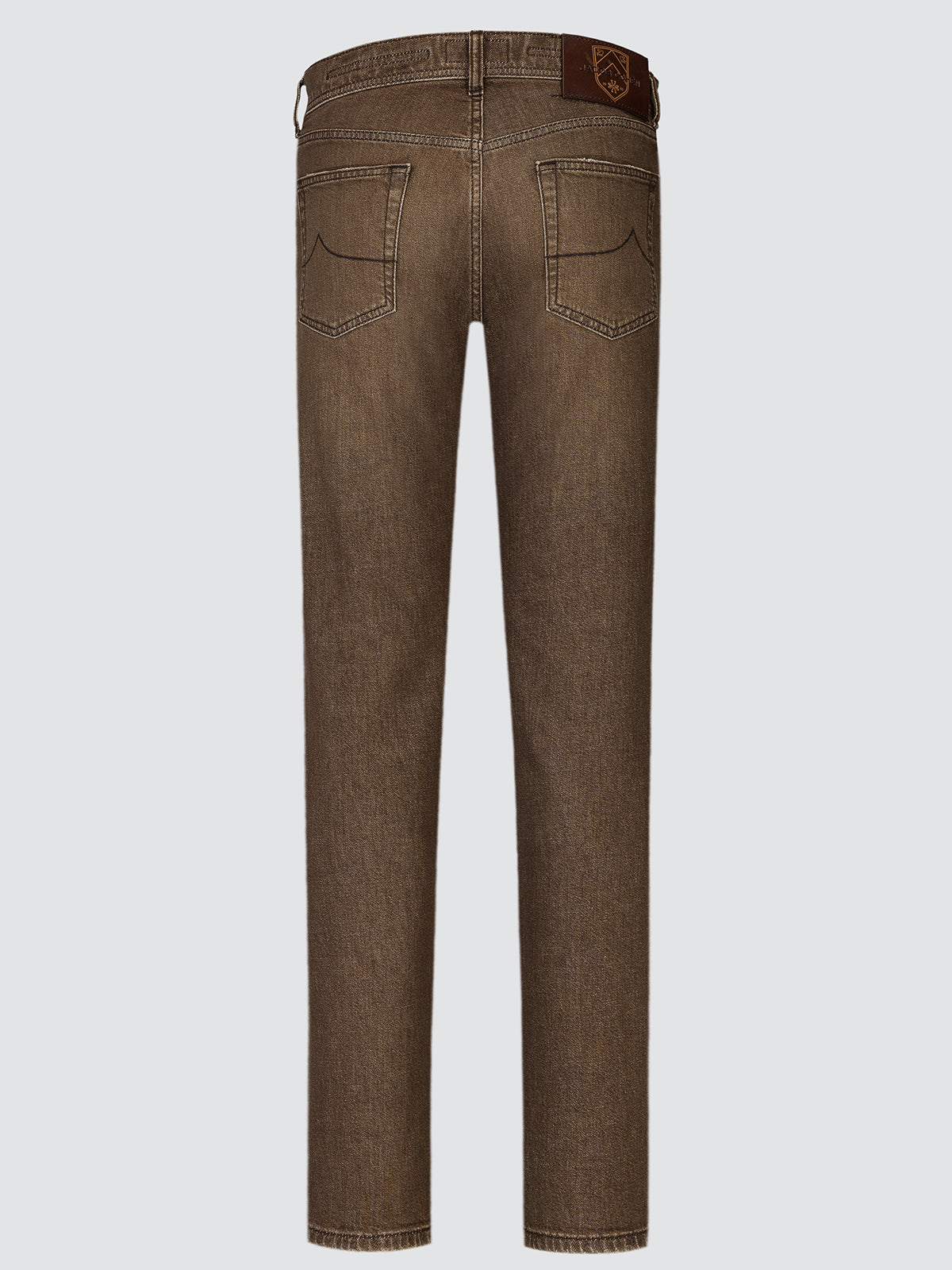 Back view of the brown Edo jeans showing the back pockets and leather patch