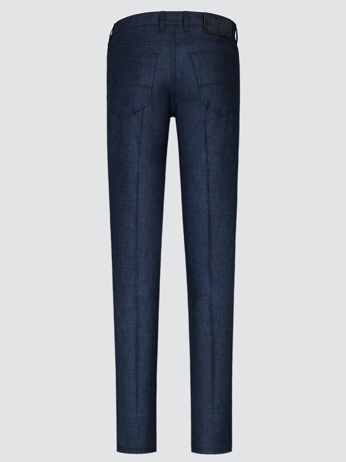 Back view of the dark blue Bard wool trousers showing the suede back patch