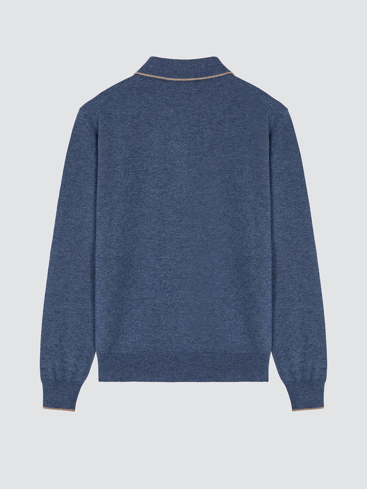 Back view of a heathered slate blue cashmere long-sleeve polo by Jacob Cohën, showing the beige contrast piping along the collar and cuffs.