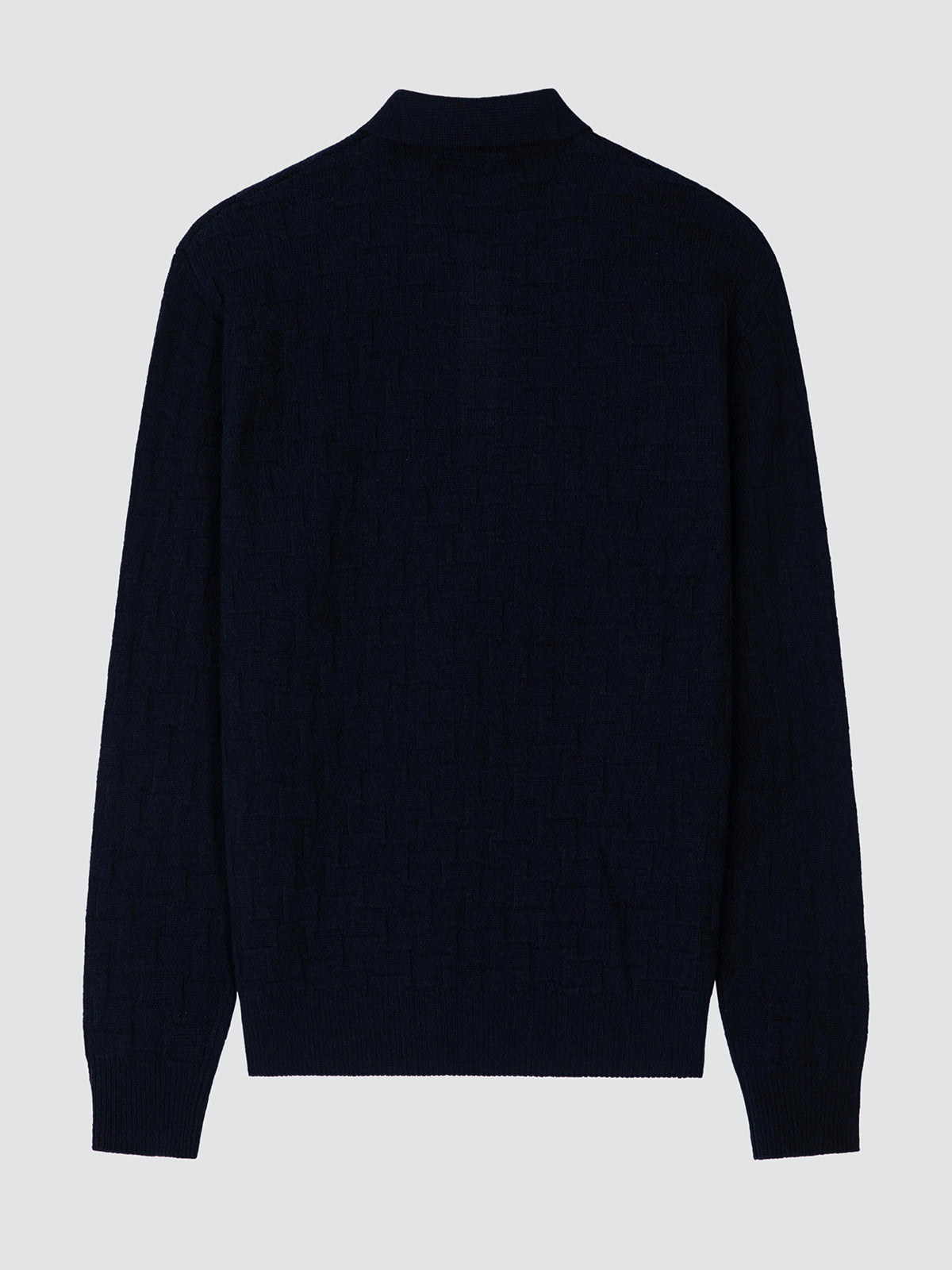 Navy blue wool and cashmere long-sleeve polo laid flat, front view