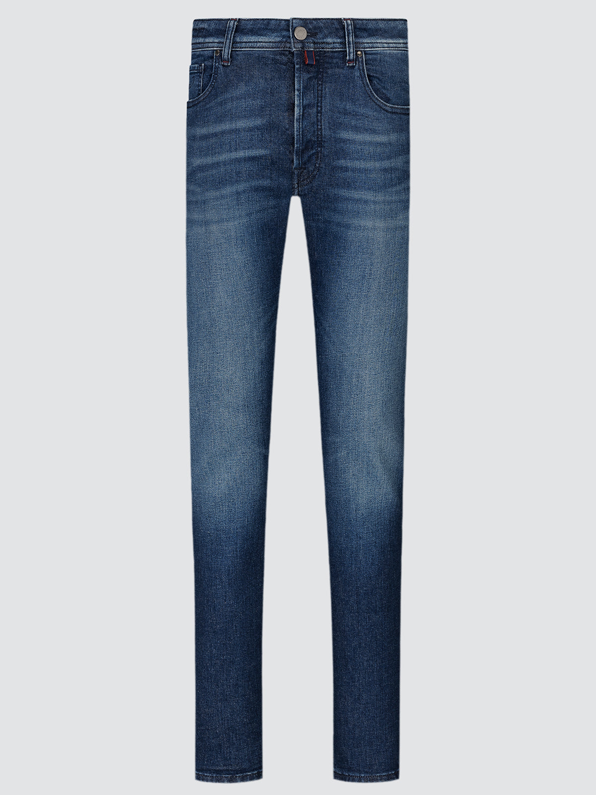 Mid blue Bard jeans in soft cotton-elastane stretch denim, front view laid flat