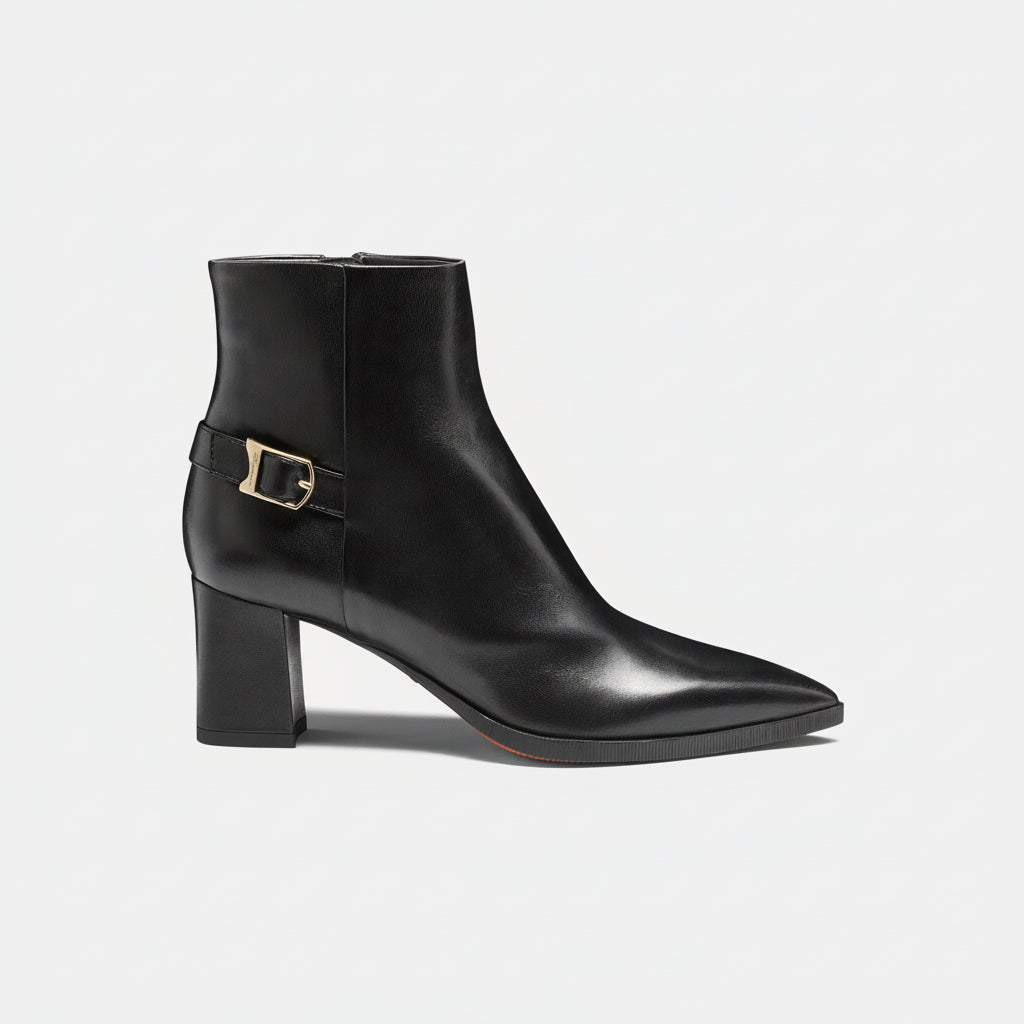 Black Leather mid-heel Ankle Boot