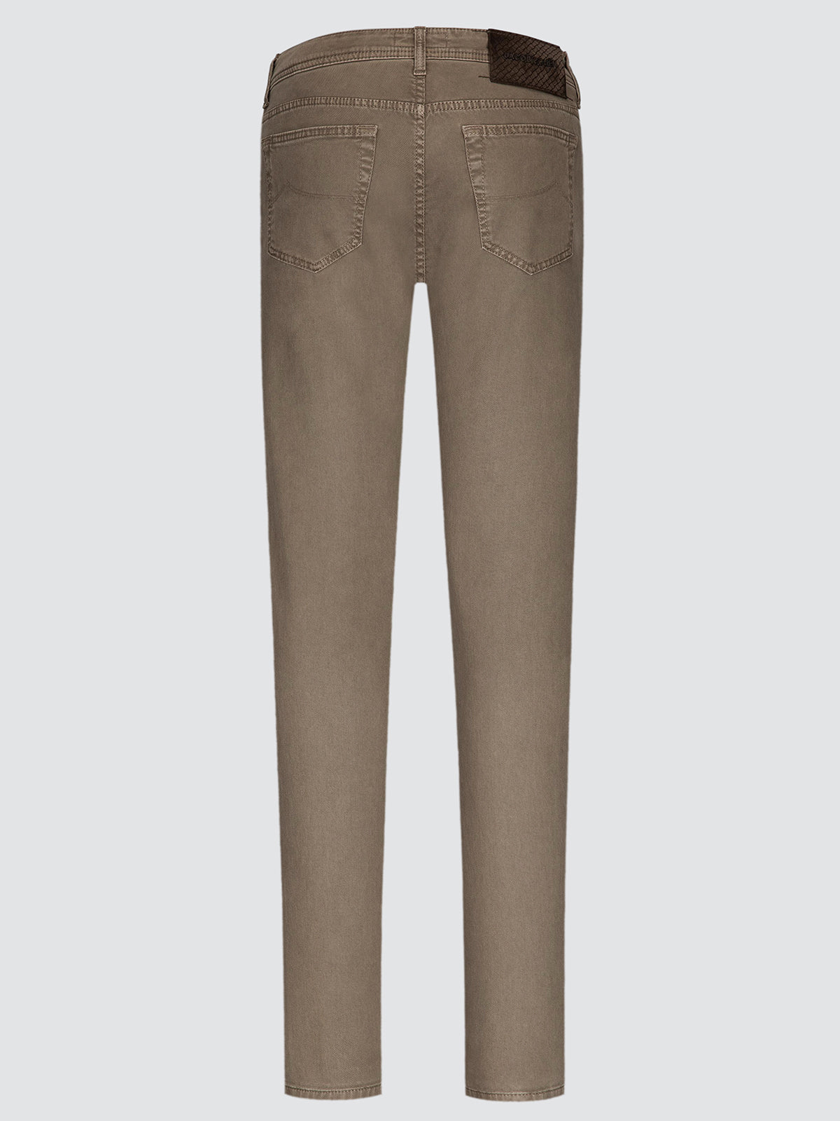 A pair of slim-fit jeans in a muted taupe-brown color, shown from the back against a light gray background.