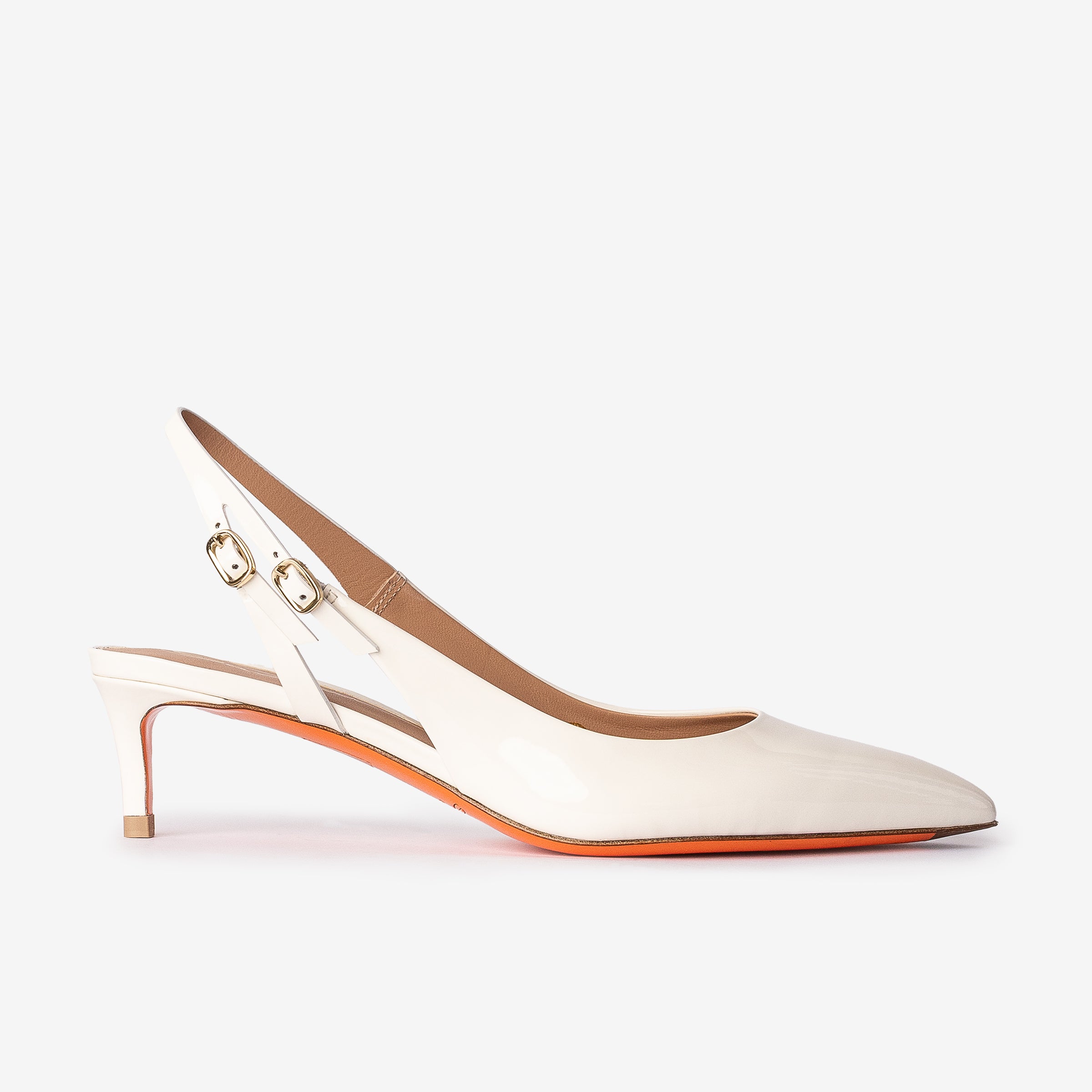 White Patent Leather mid-heel slingback