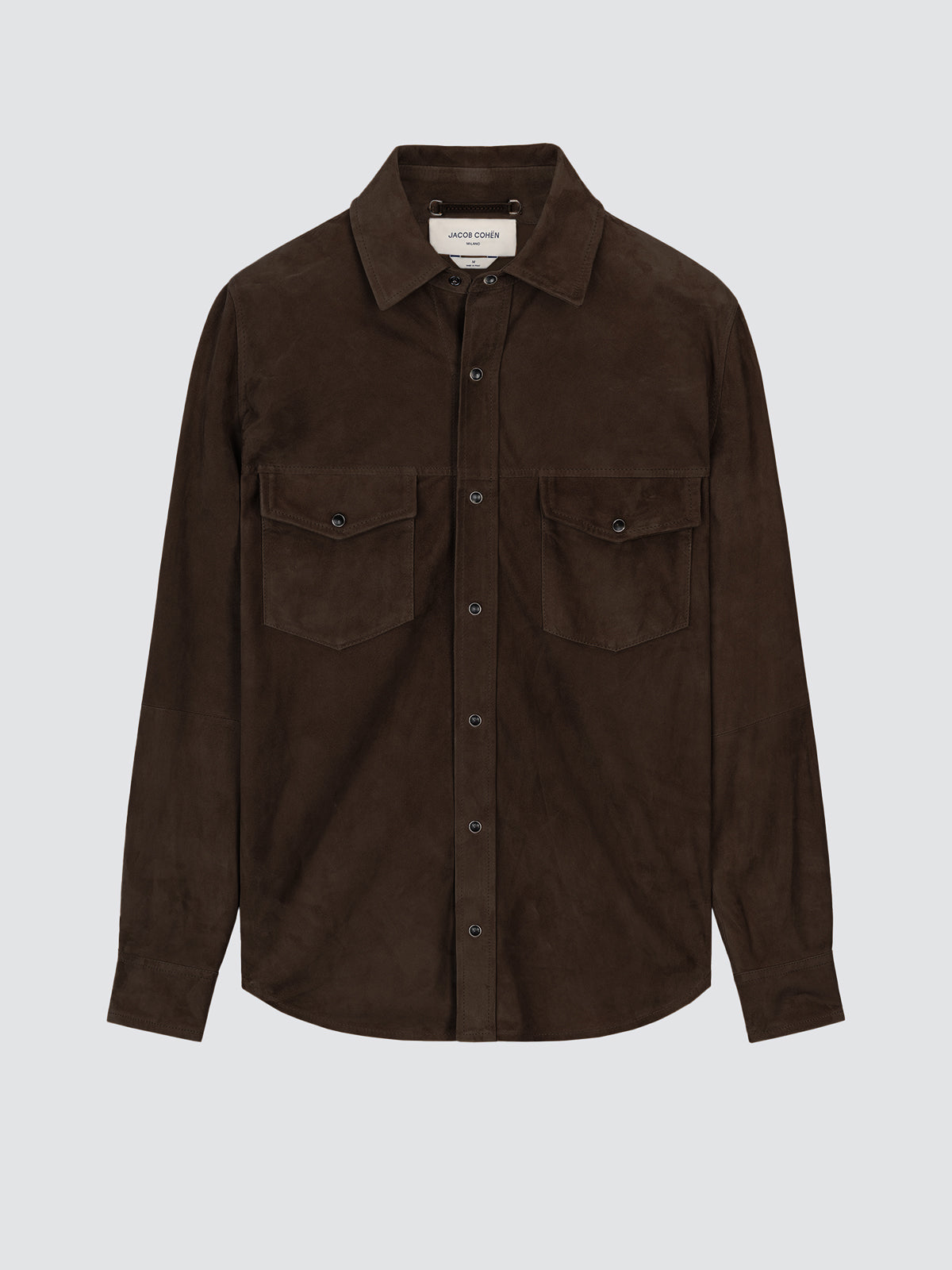 Brown lightweight suede Western overshirt laid flat, with front flap pockets
