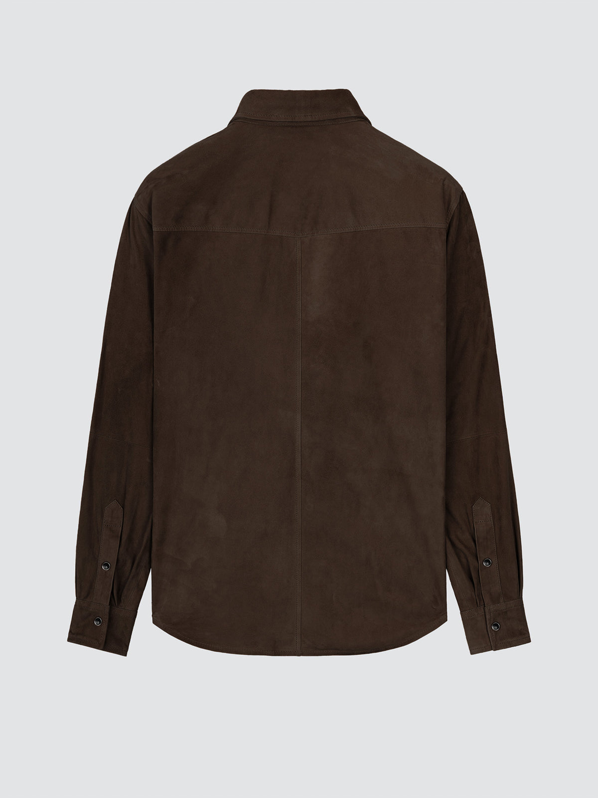 Back view of the brown suede Western overshirt showing the pointed yoke
