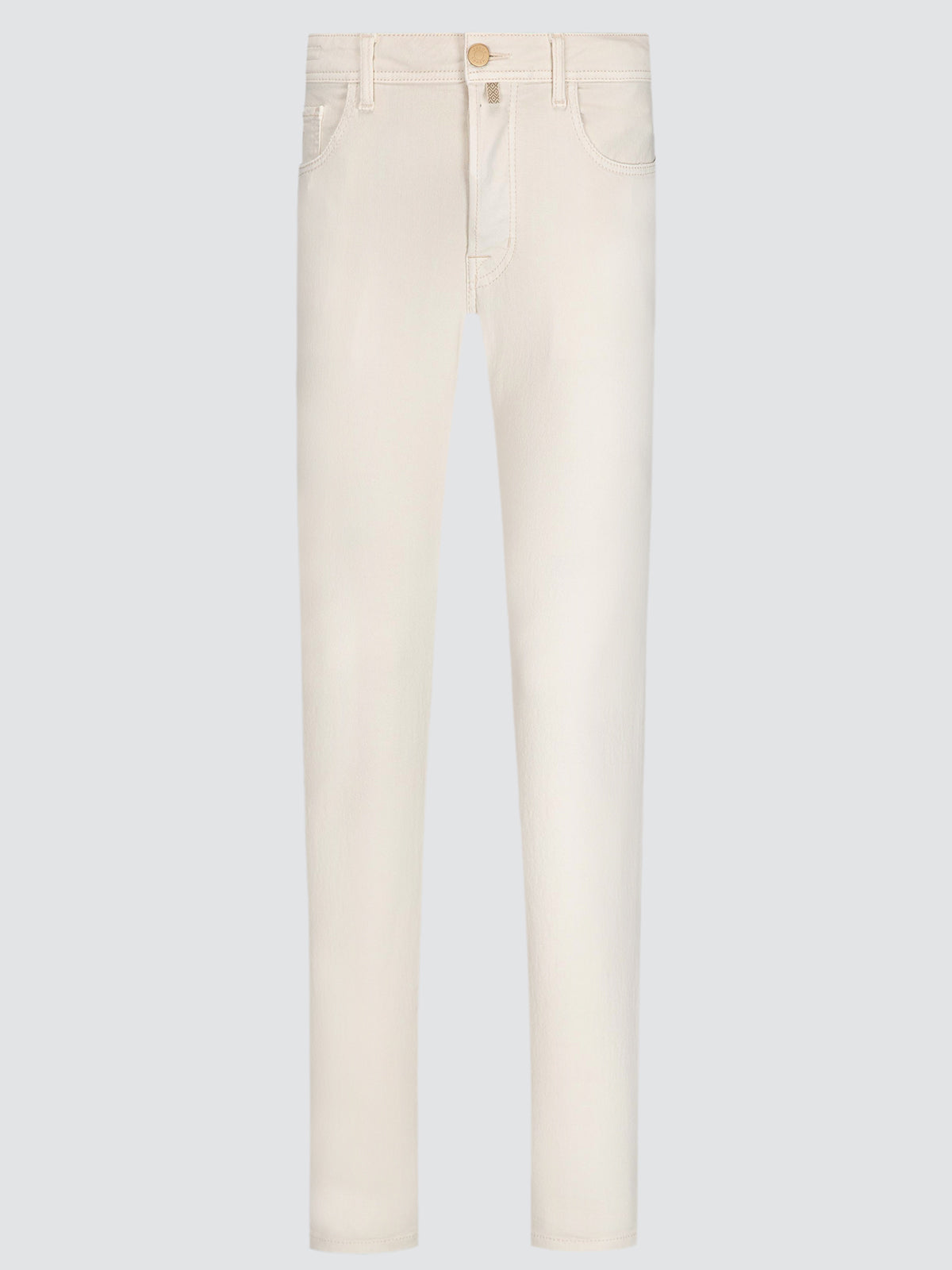 A pair of slim-fit jeans in a light cream or off-white color, shown flat against a solid light gray background.