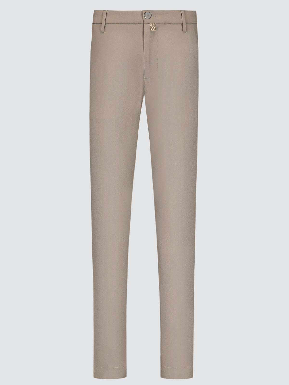 A pair of slim-fit trousers in a light beige or khaki color, shown flat against a solid light gray background.