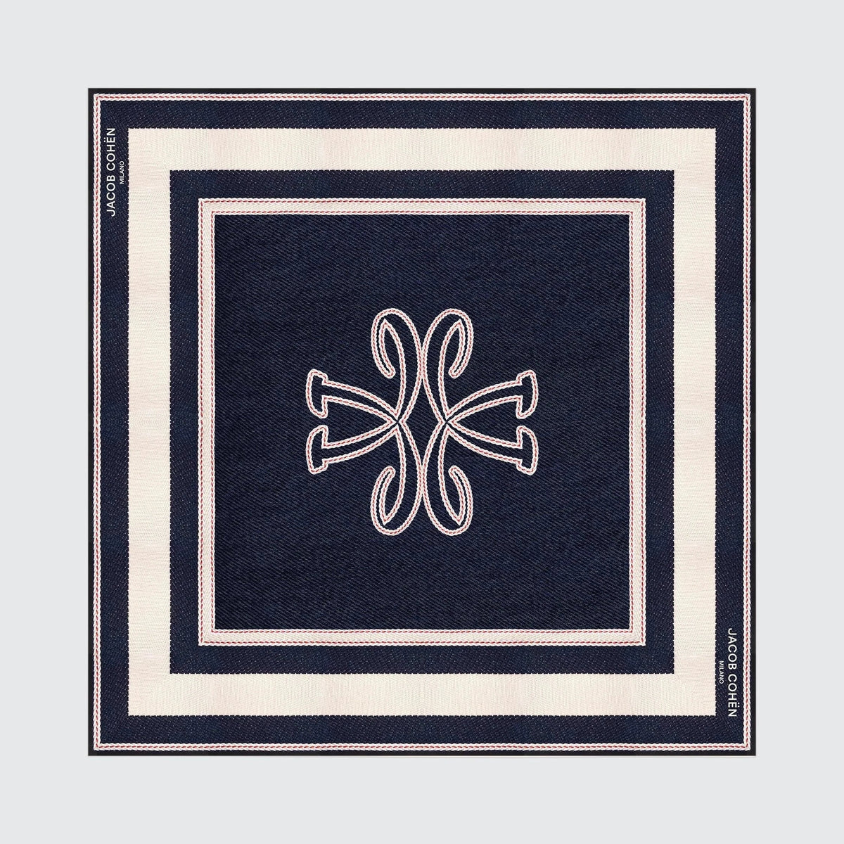 JACOB COHEN Limited edition square scarf in navy blue and cream, featuring a central embroidered monogram and concentric borders.