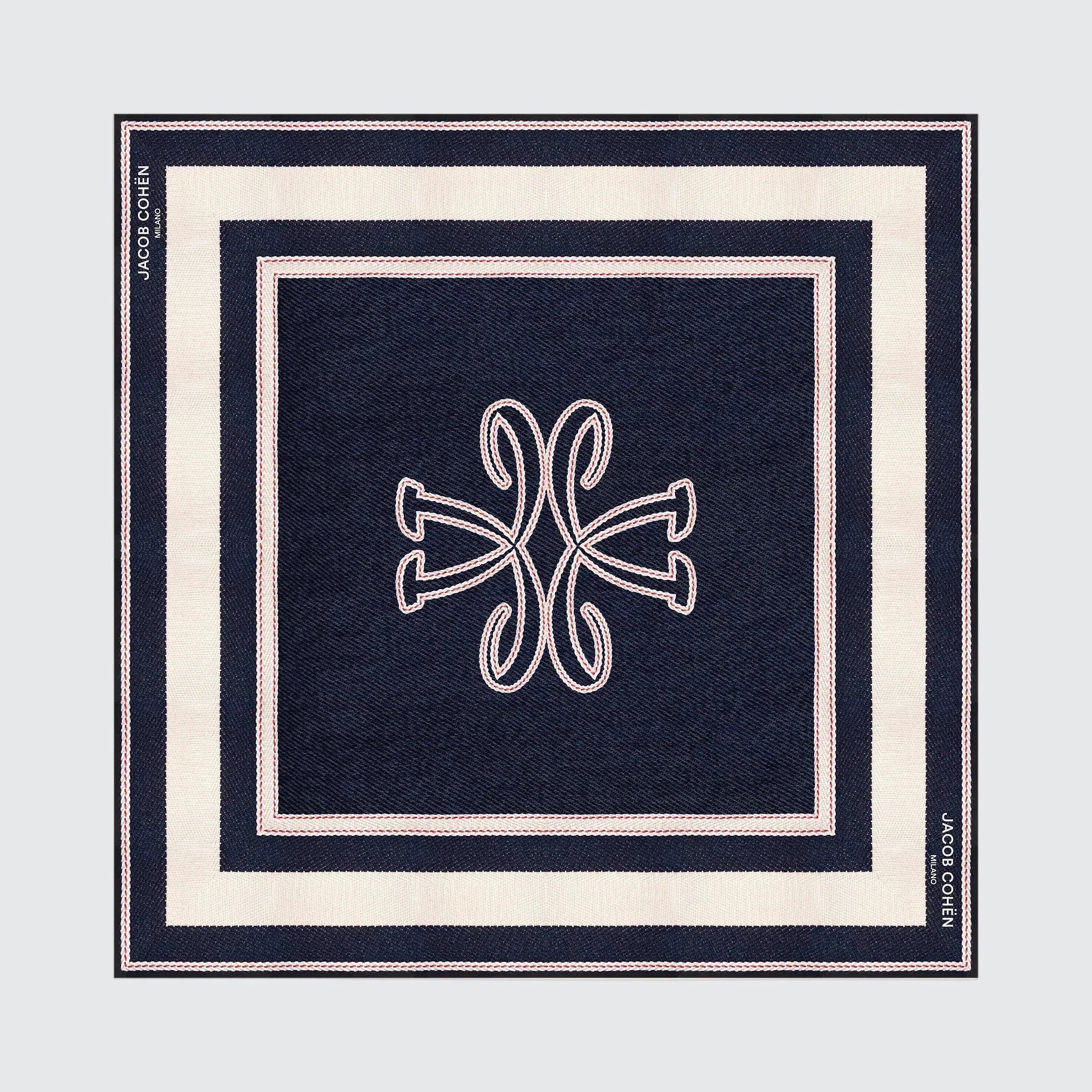 JACOB COHEN Limited edition square scarf in navy blue and cream, featuring a central embroidered monogram and concentric borders.