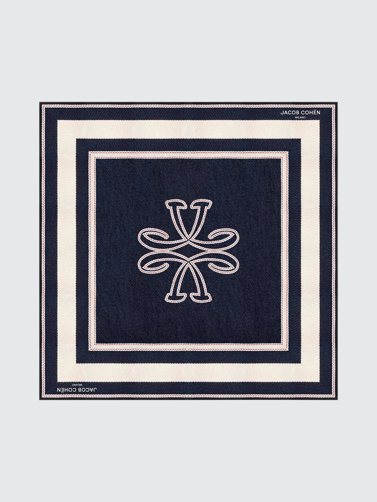 Jacob Cohën square scarf in navy blue and cream, featuring a central embroidered monogram and concentric borders.