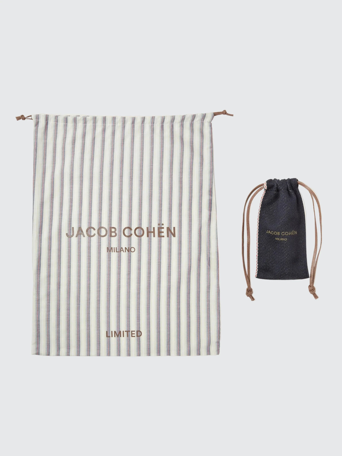 Striped Jacob Cohën cotton dust bag and drawstring pouch supplied with the Limited Edition jeans