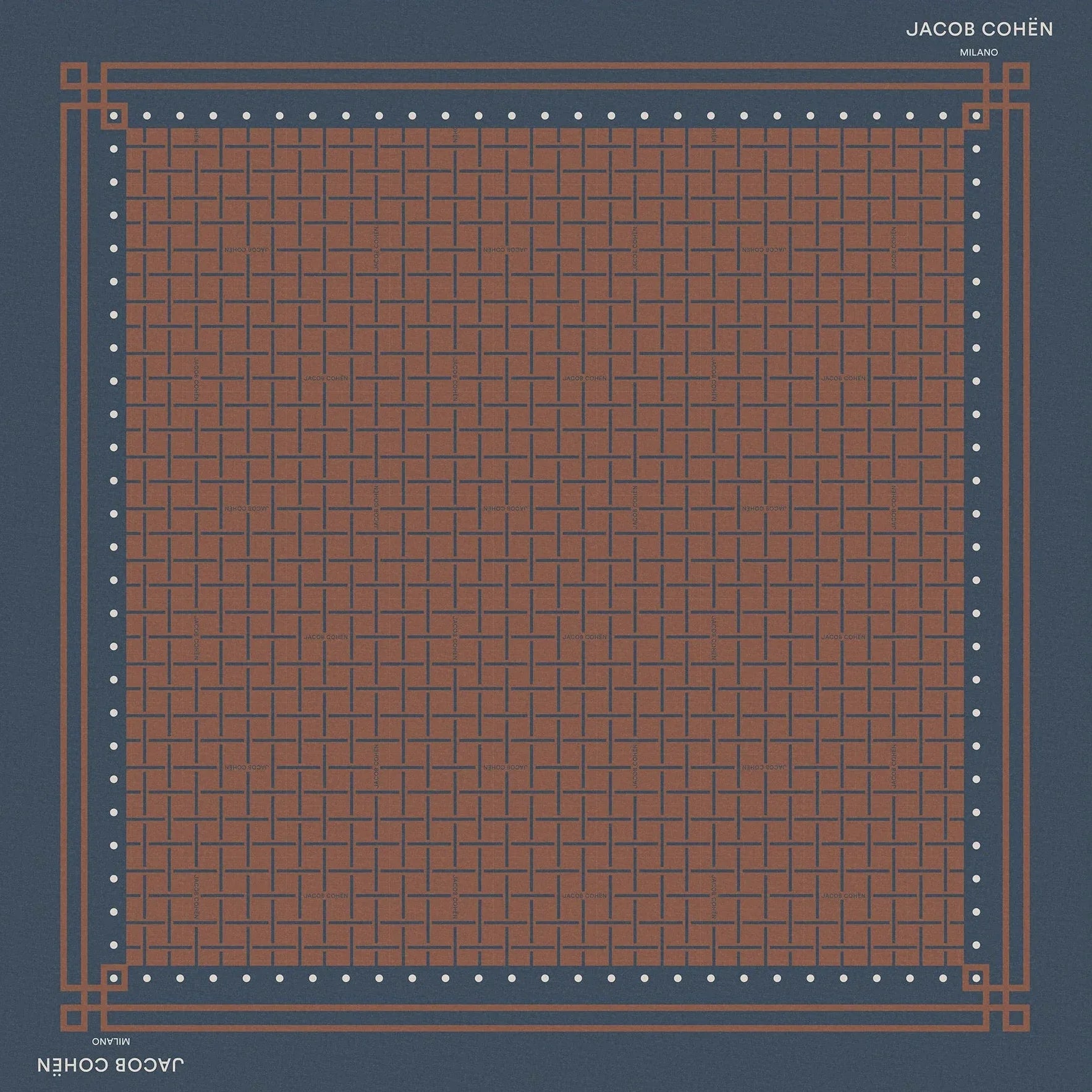 A square scarf by Jacob Cohen, featuring a brown and rust grid pattern with a navy blue border and geometric corner details, shown flat against a light beige background.