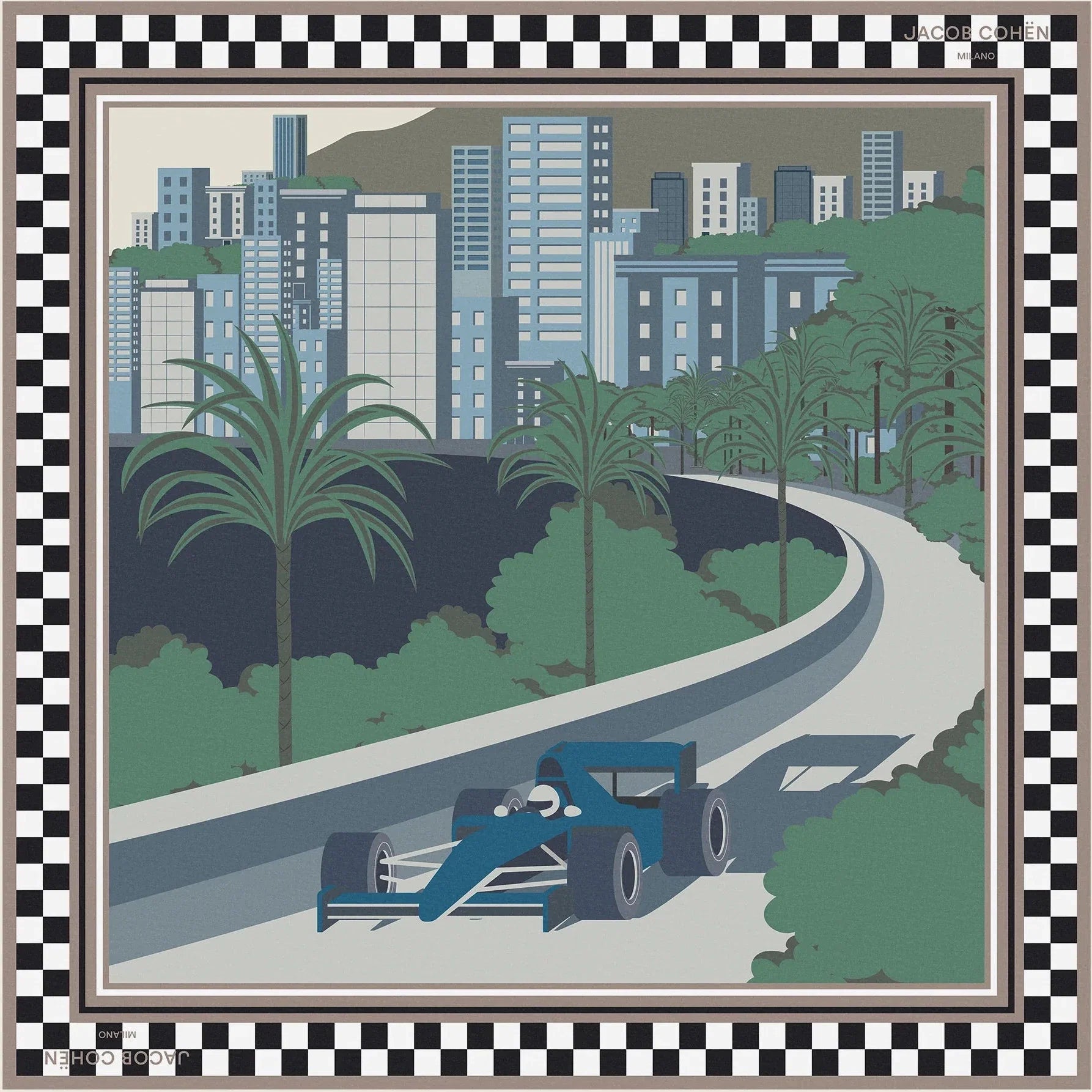 Framed artwork of a race car on a track with palm trees and buildings in the background.Monaco