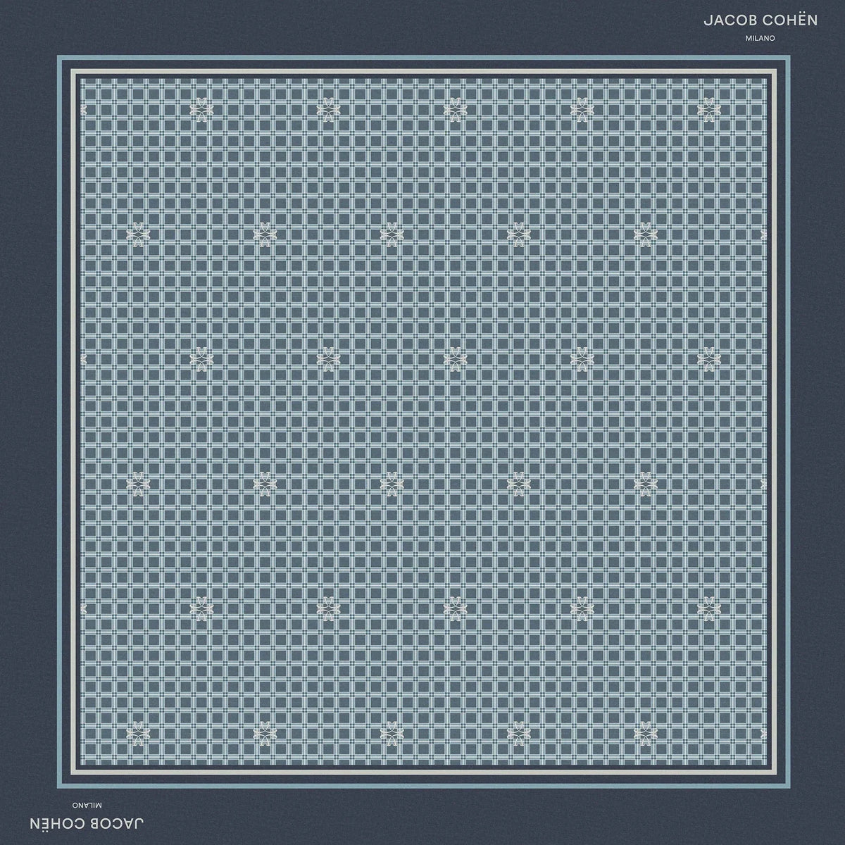 Pale blue cotton bandana with a fine all-over geometric pattern, included with the jeans