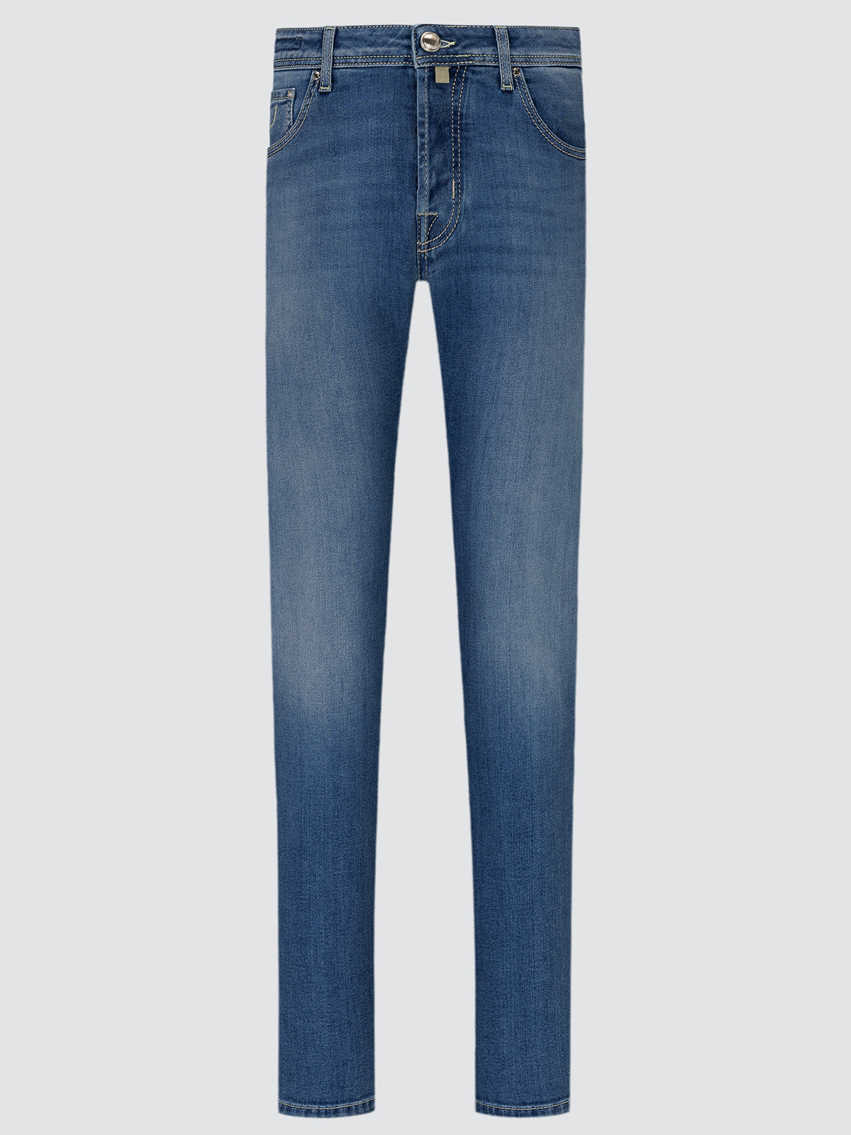 Blue jeans on a light gray background