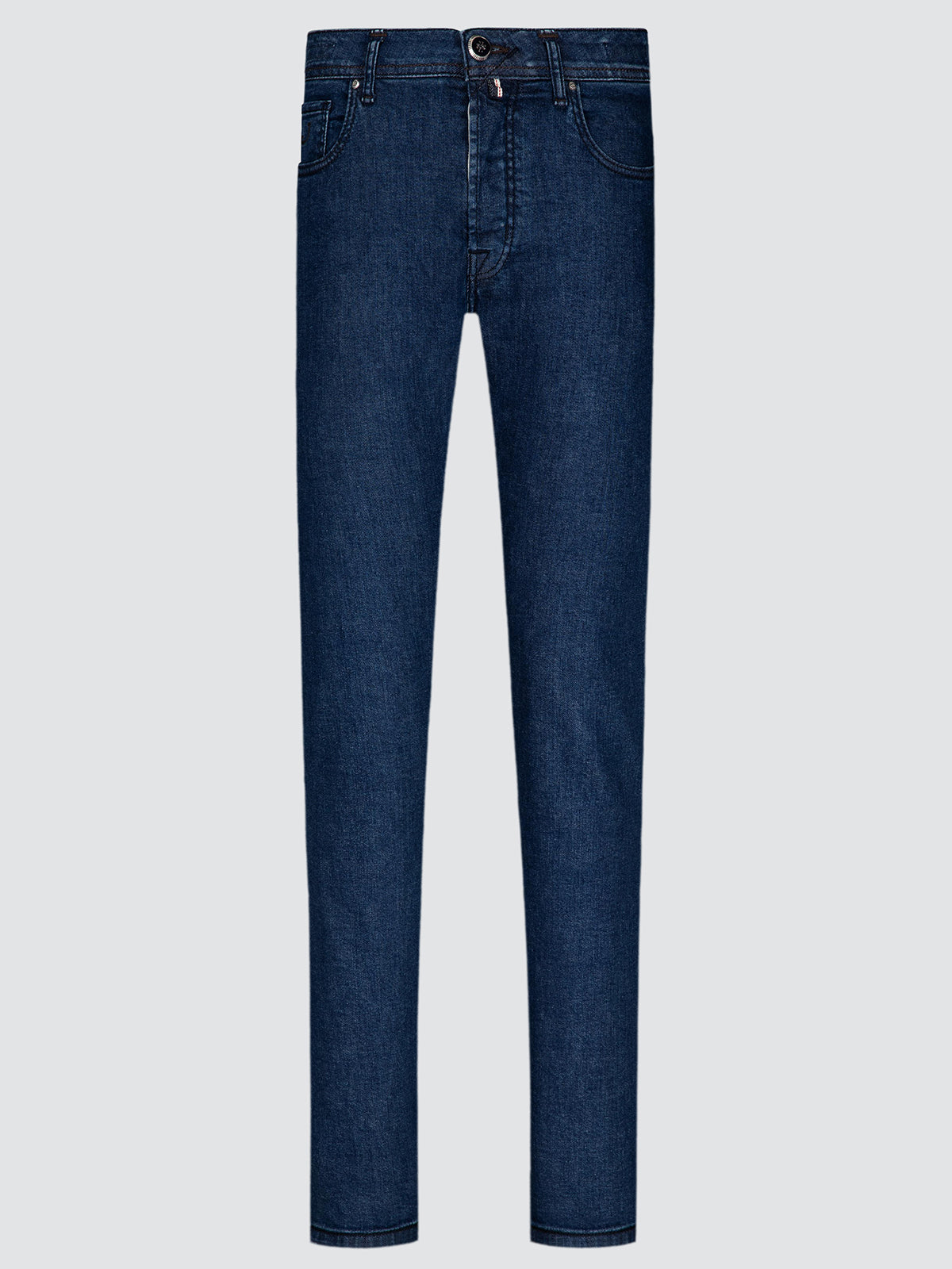 Bard LTD five-pocket jeans in dark blue stretch selvedge denim by Jacob Cohën, shown flat from the front against a light grey background.