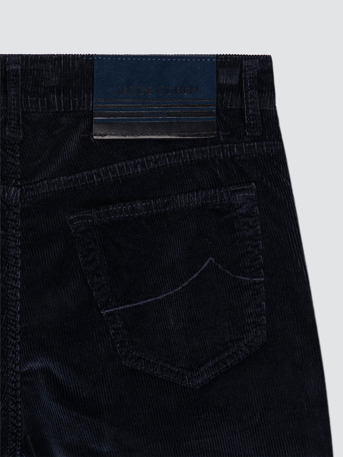 bard navy blue corduroy Jacob Cohën pants with a brand logo on a white background