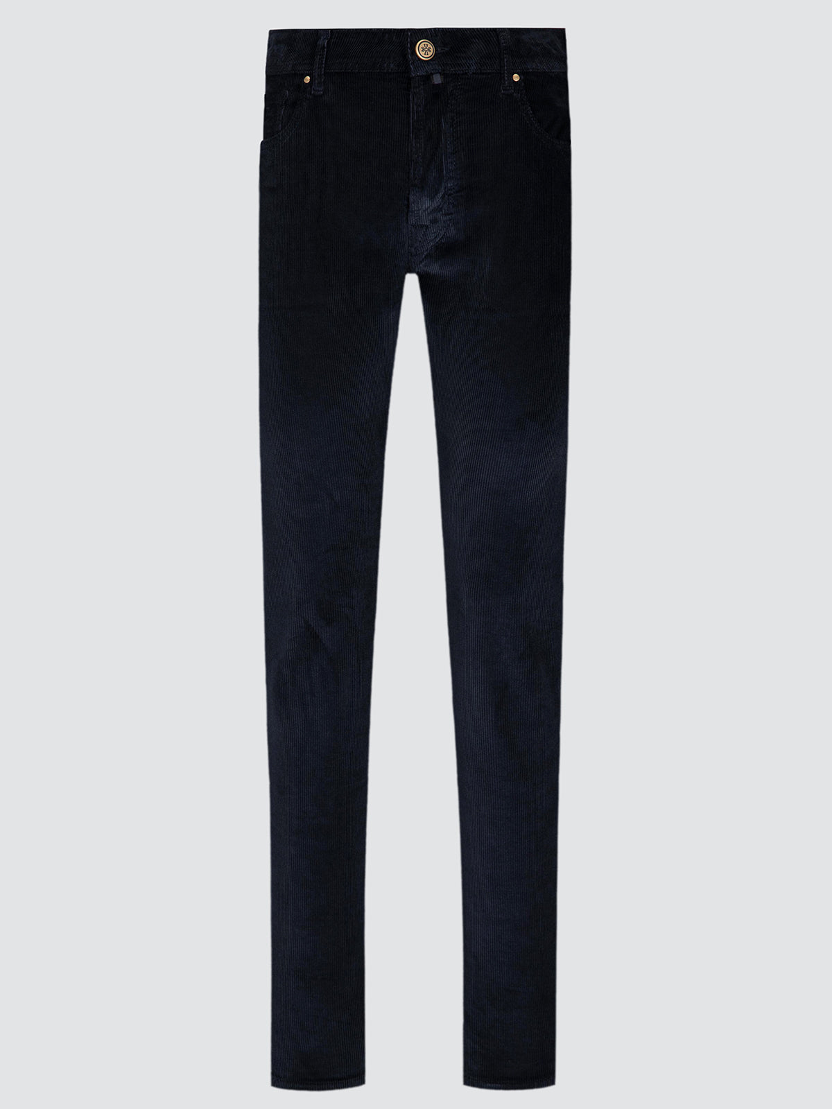 Dark navy blue velvet slim-fit jeans shown flat against a light gray background.