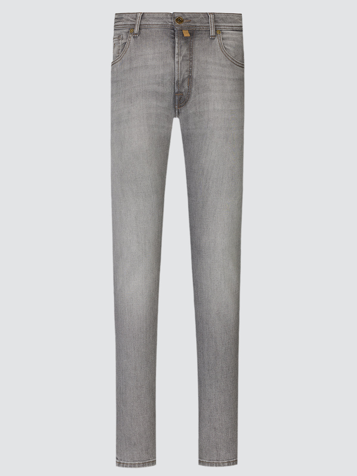 Light grey Nick Slim jeans in stretch denim, front view laid flat