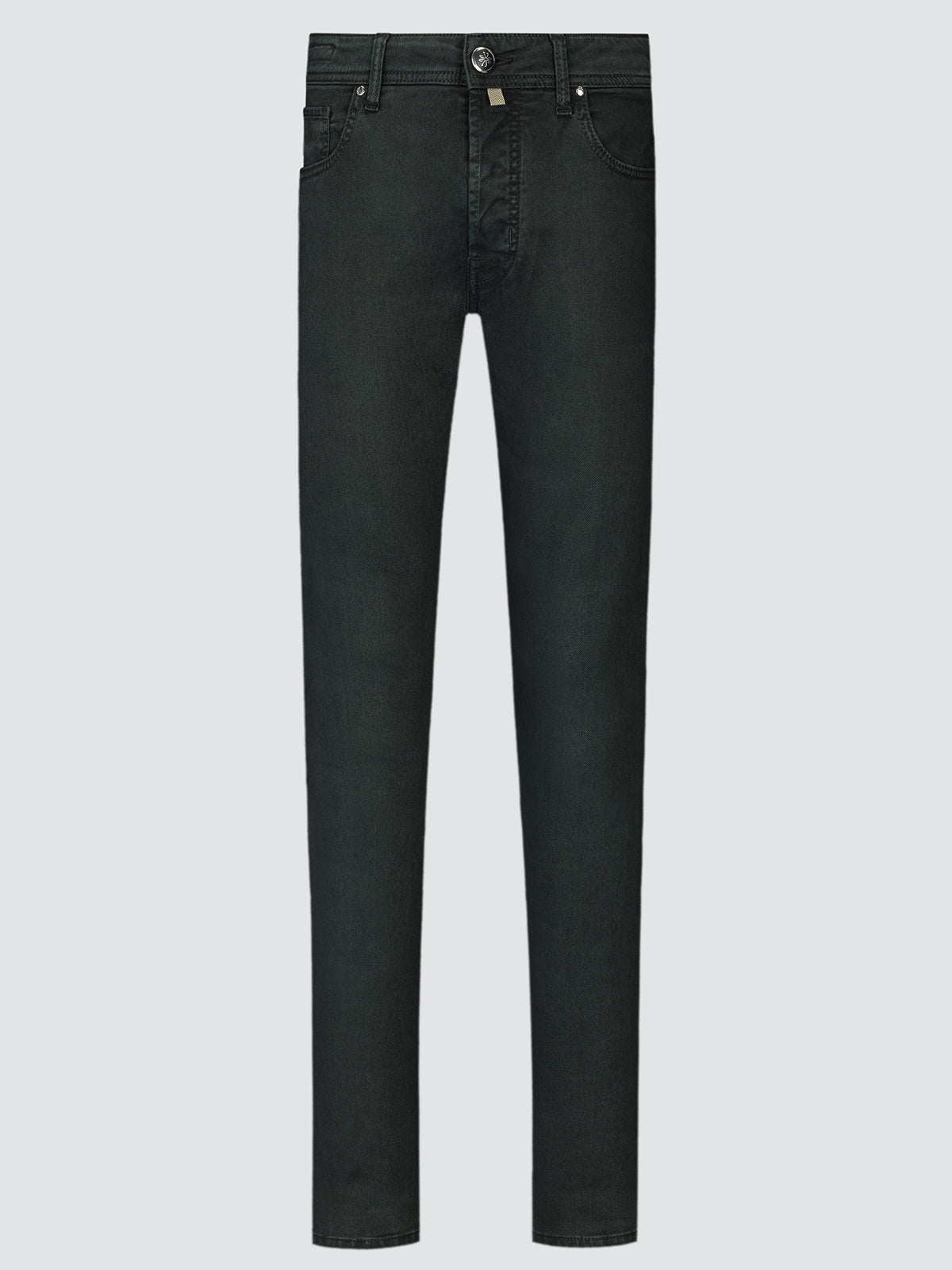 Dark forest green Bard five-pocket trousers in cotton-lyocell stretch, front view laid flat