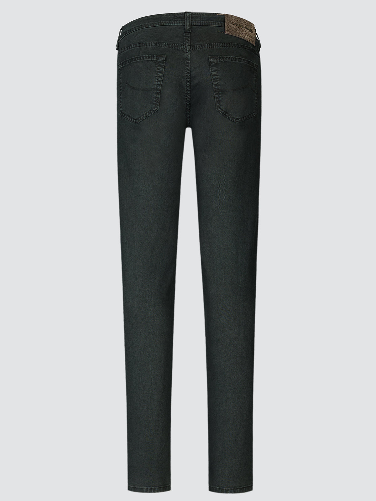 Back view of the dark forest green Bard trousers showing the back pockets and leather patch