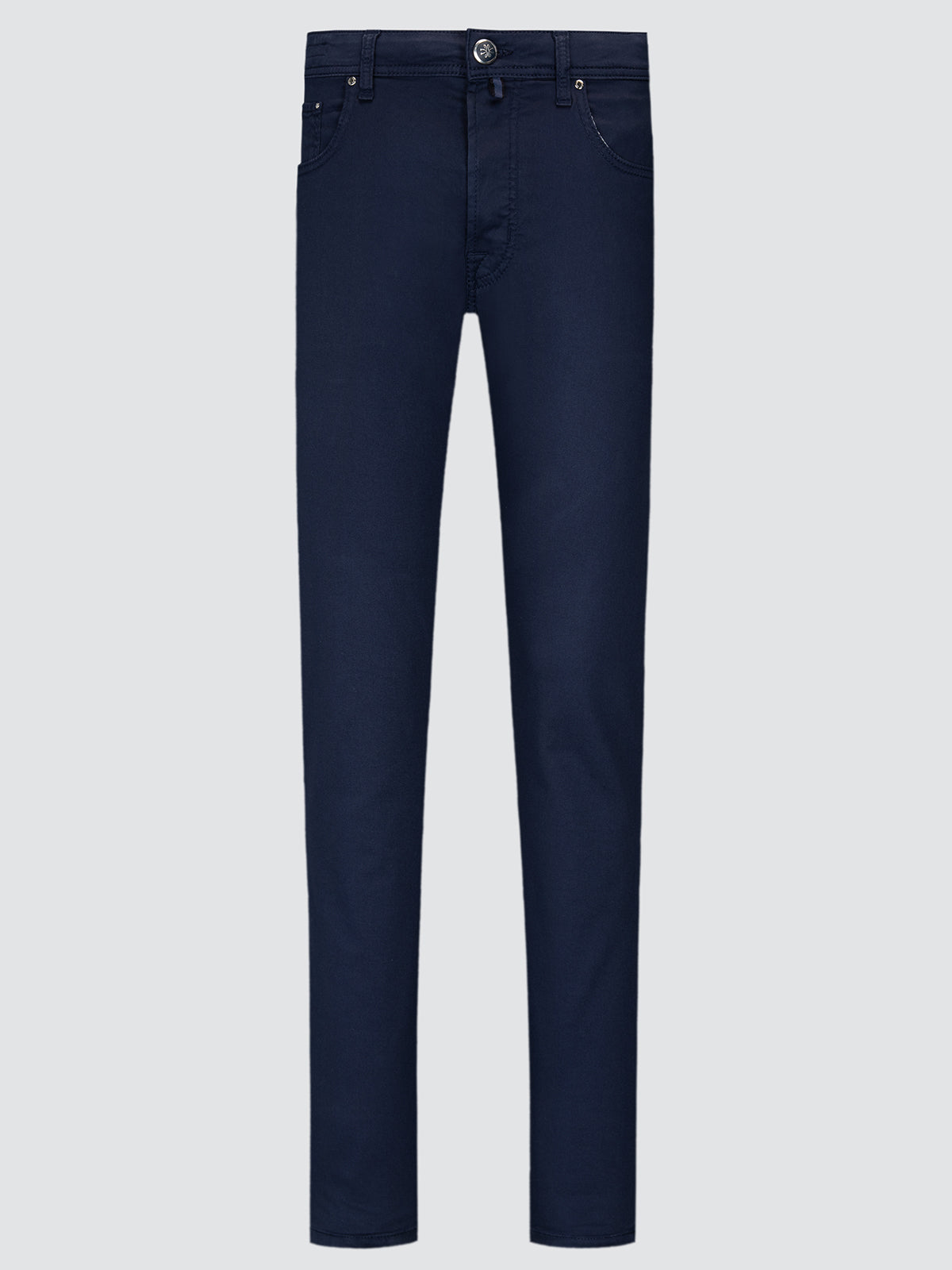 Navy blue jeans twill stretch bard  on a light gray background