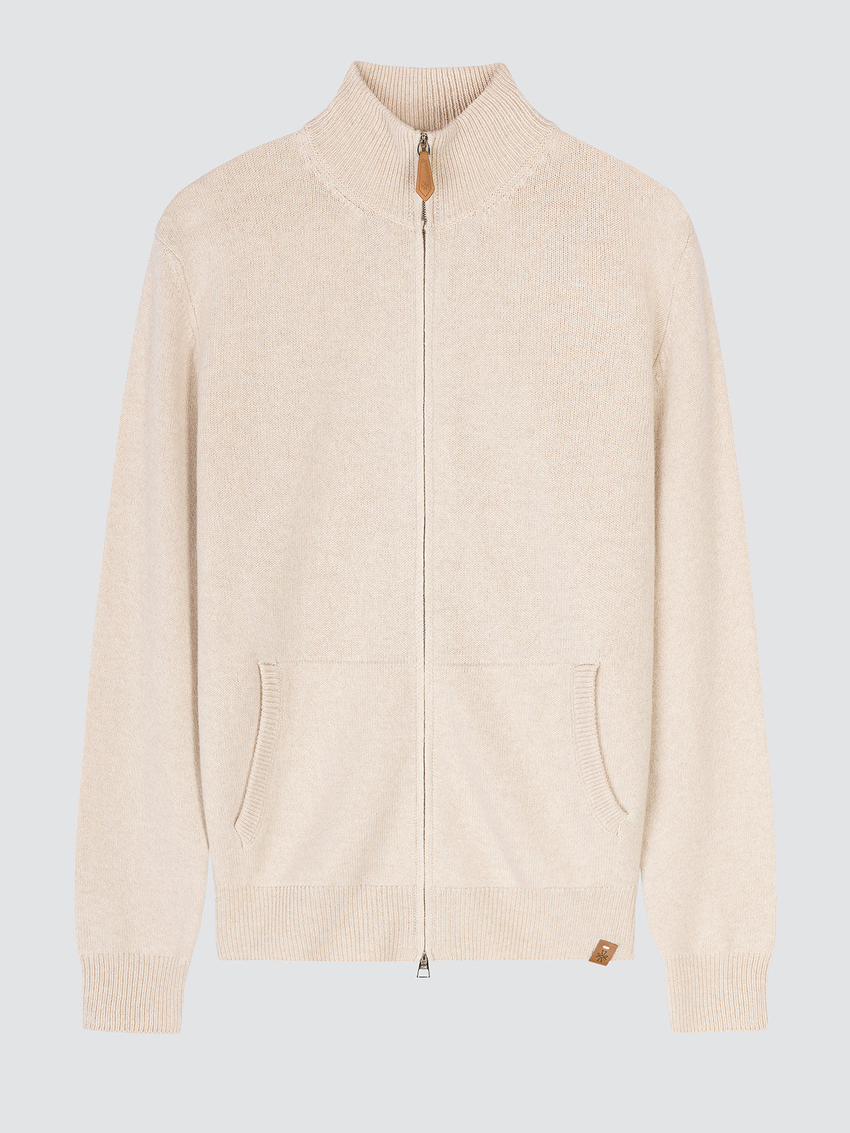 Cream wool and cashmere zip cardigan laid flat, front view