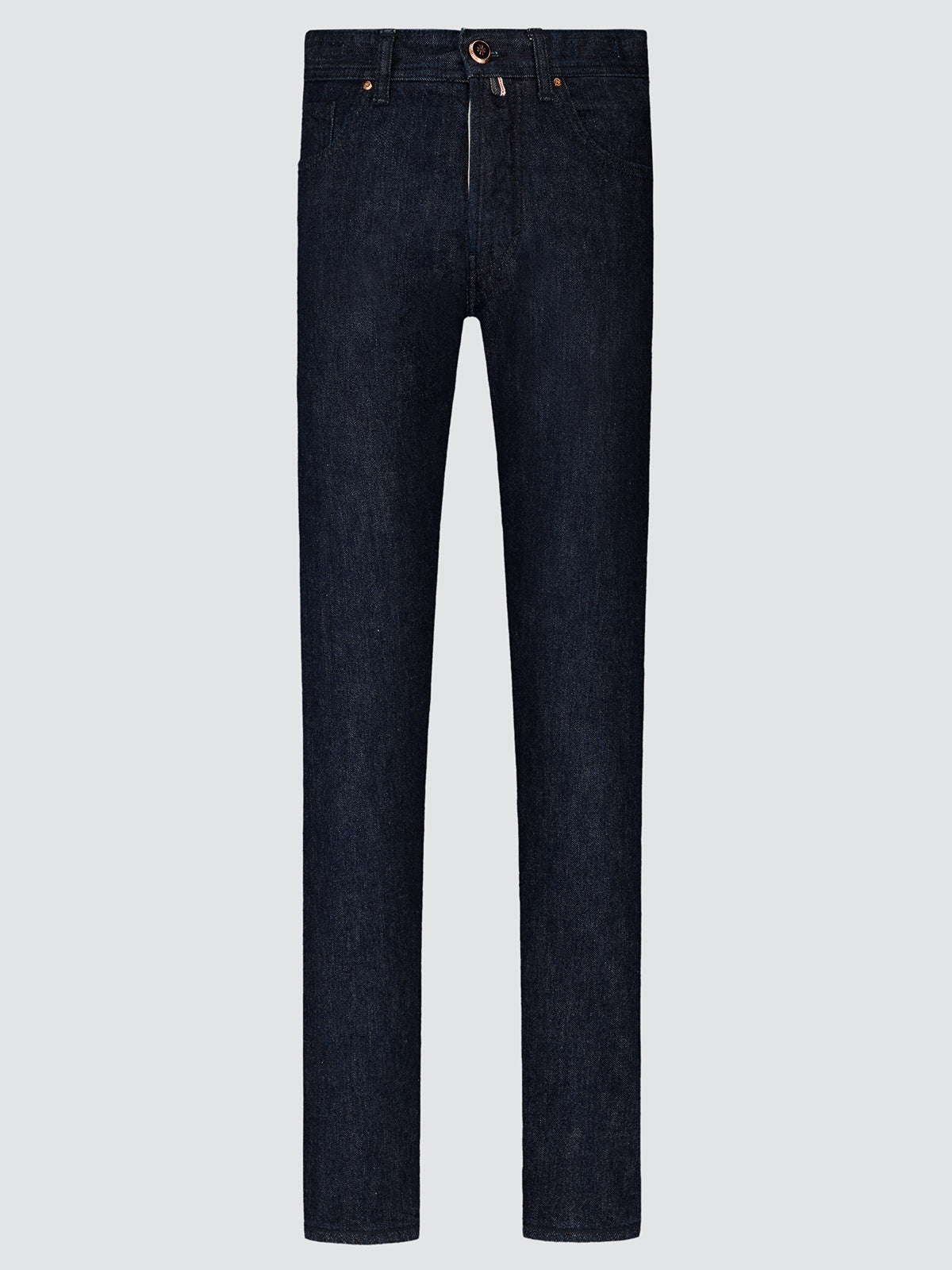 Dark blue Edo LTD selvedge jeans, front view laid flat