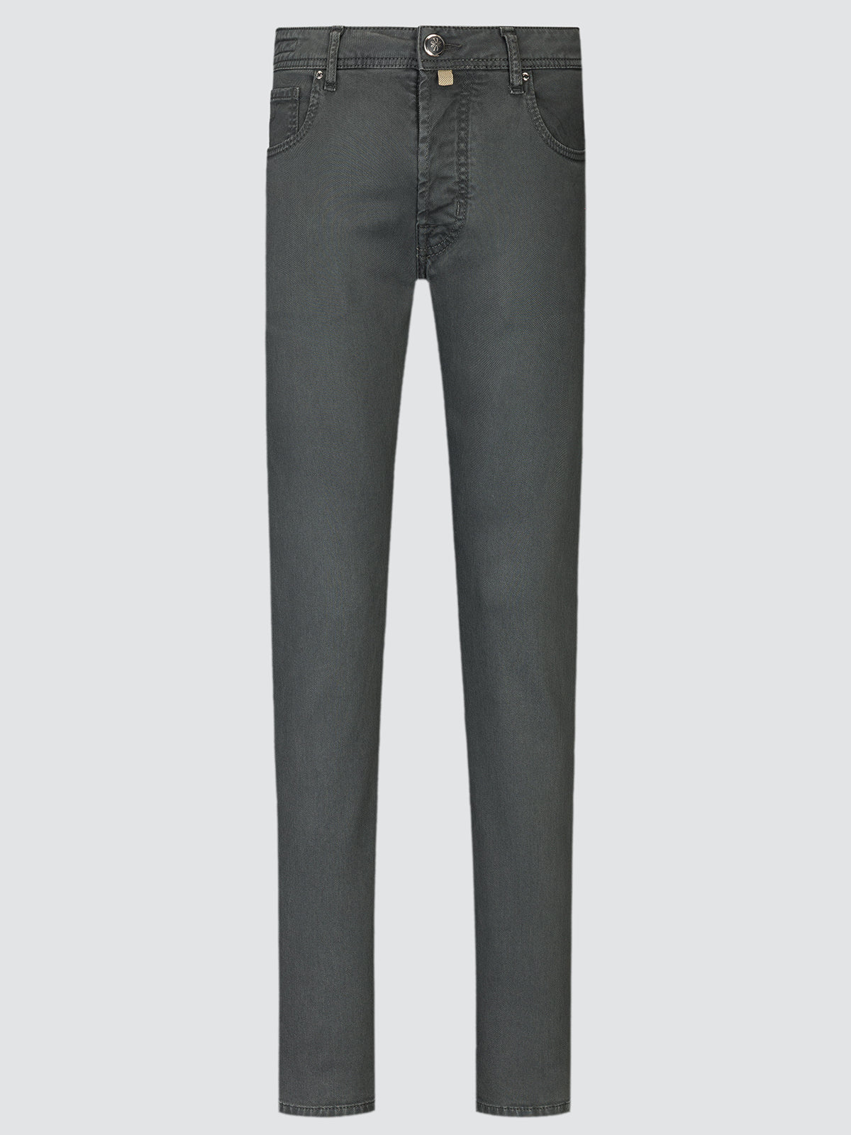 Grey Bard five-pocket trousers in cotton-lyocell stretch twill, front view laid flat