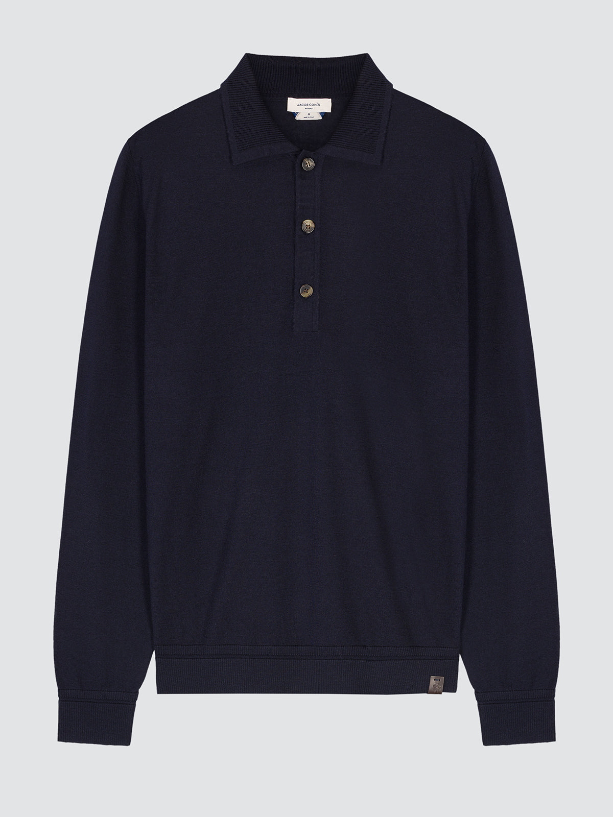 Navy blue wool and silk long-sleeve polo laid flat, front view