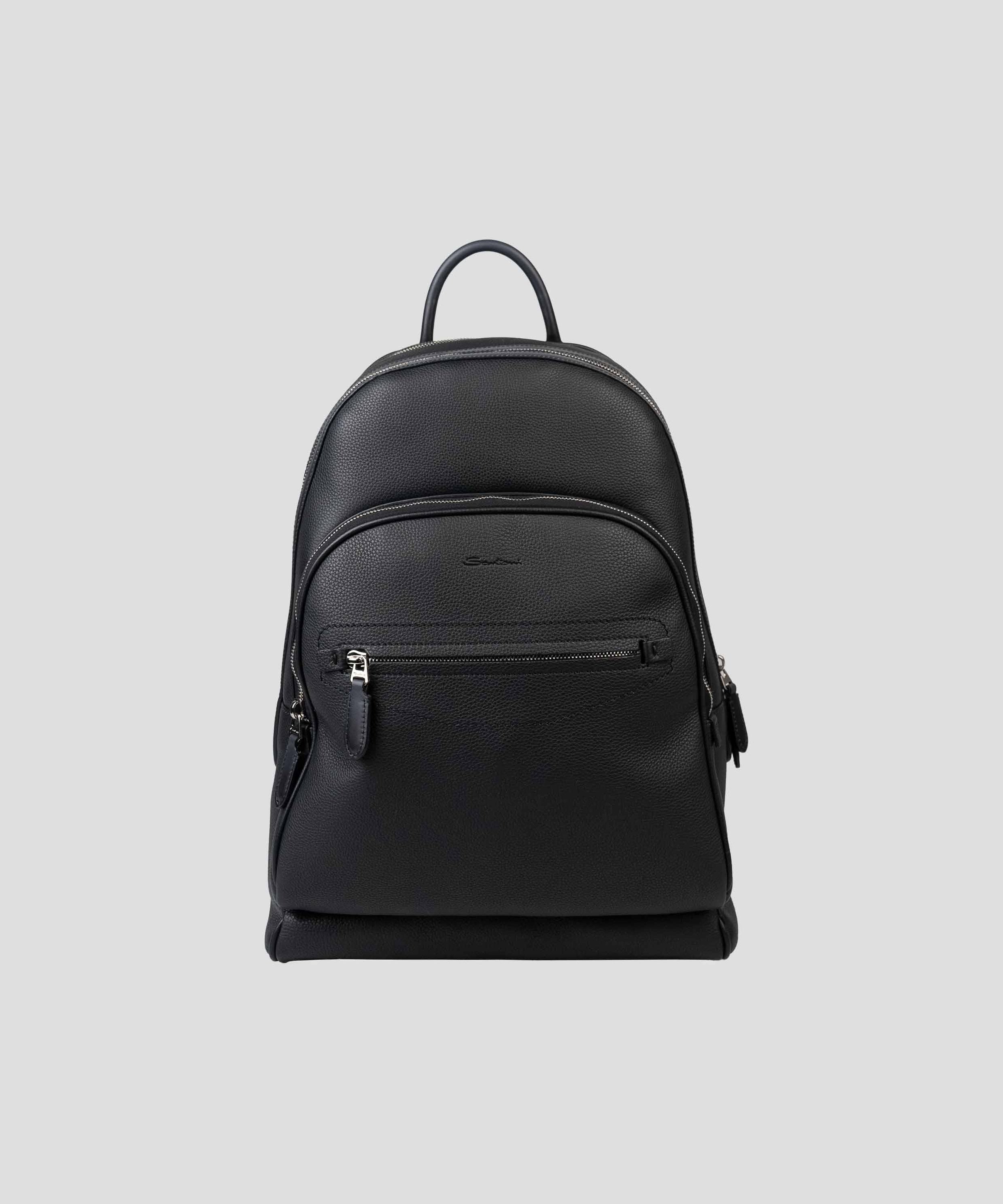 Black tumbled leather backpack stitching