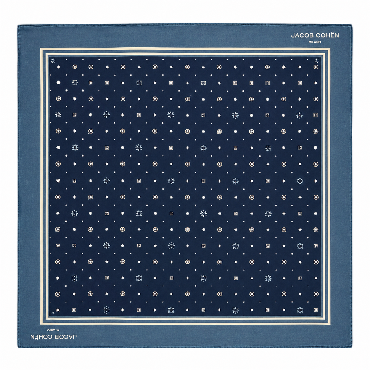 Navy cotton bandana with an all-over dotted geometric pattern, included with the jeans