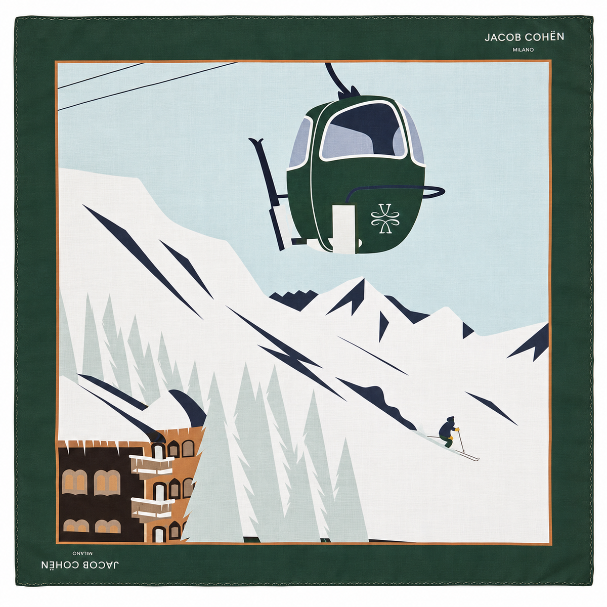Green-bordered cotton bandana printed with an Apres Ski cable-car and mountain scene, included with the jeans